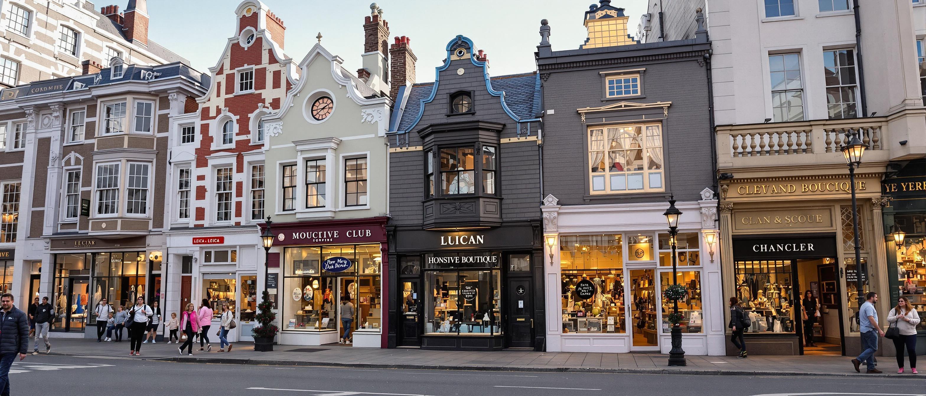 A vibrant street scene featuring a variety of unique and inviting storefronts, each with its own distinct architectural style.