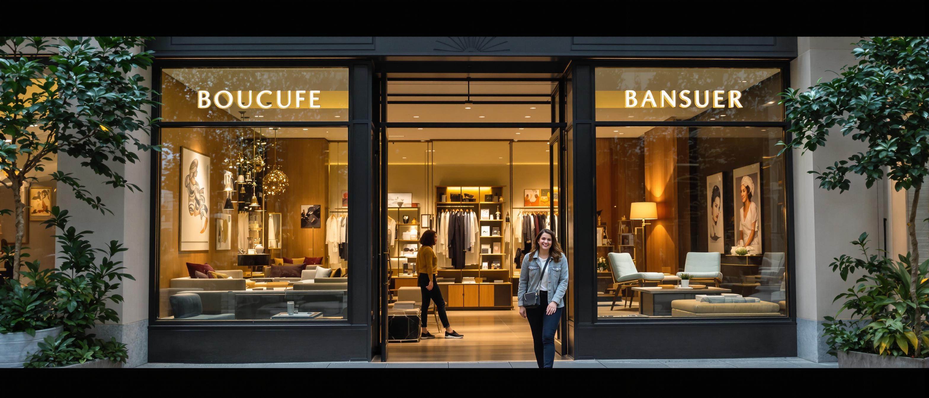 A smiling customer enters a warmly lit, elegantly decorated boutique.