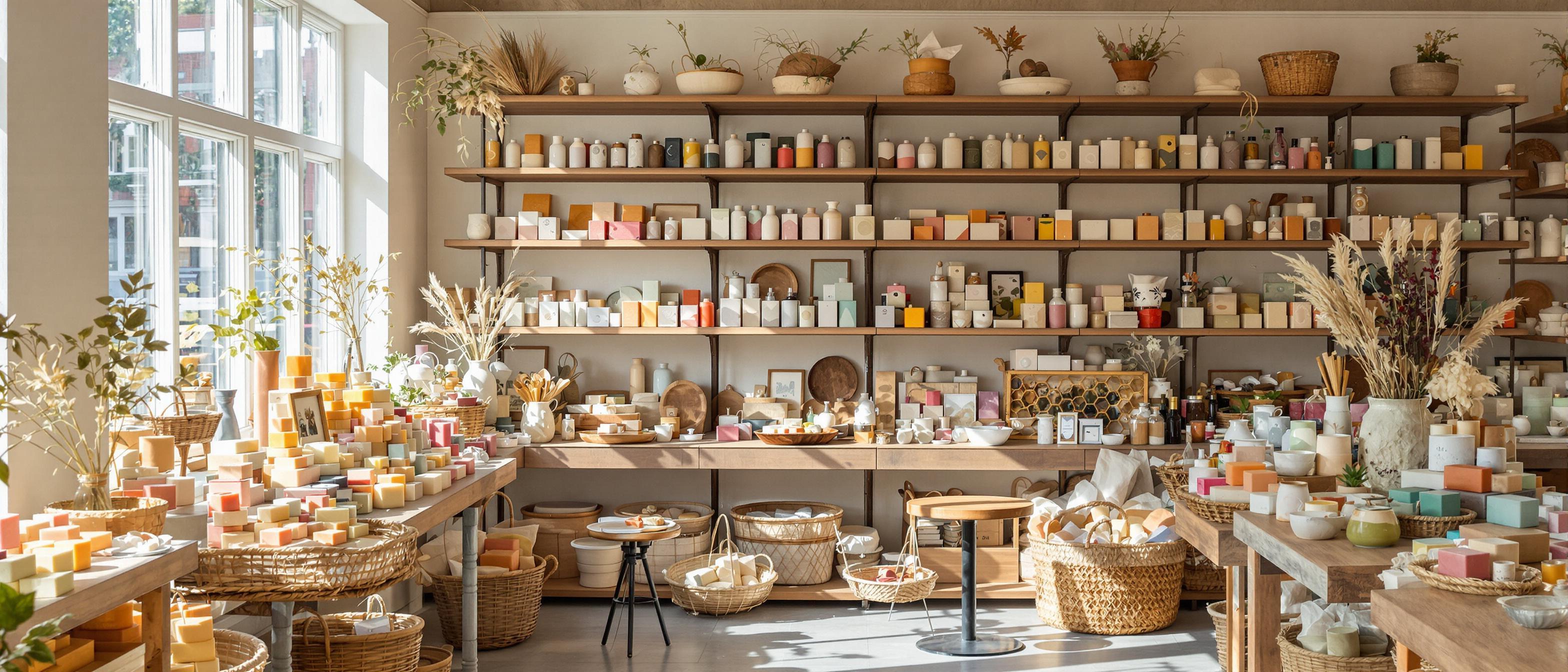 An organized display of handcrafted soaps in a rustic boutique setting.