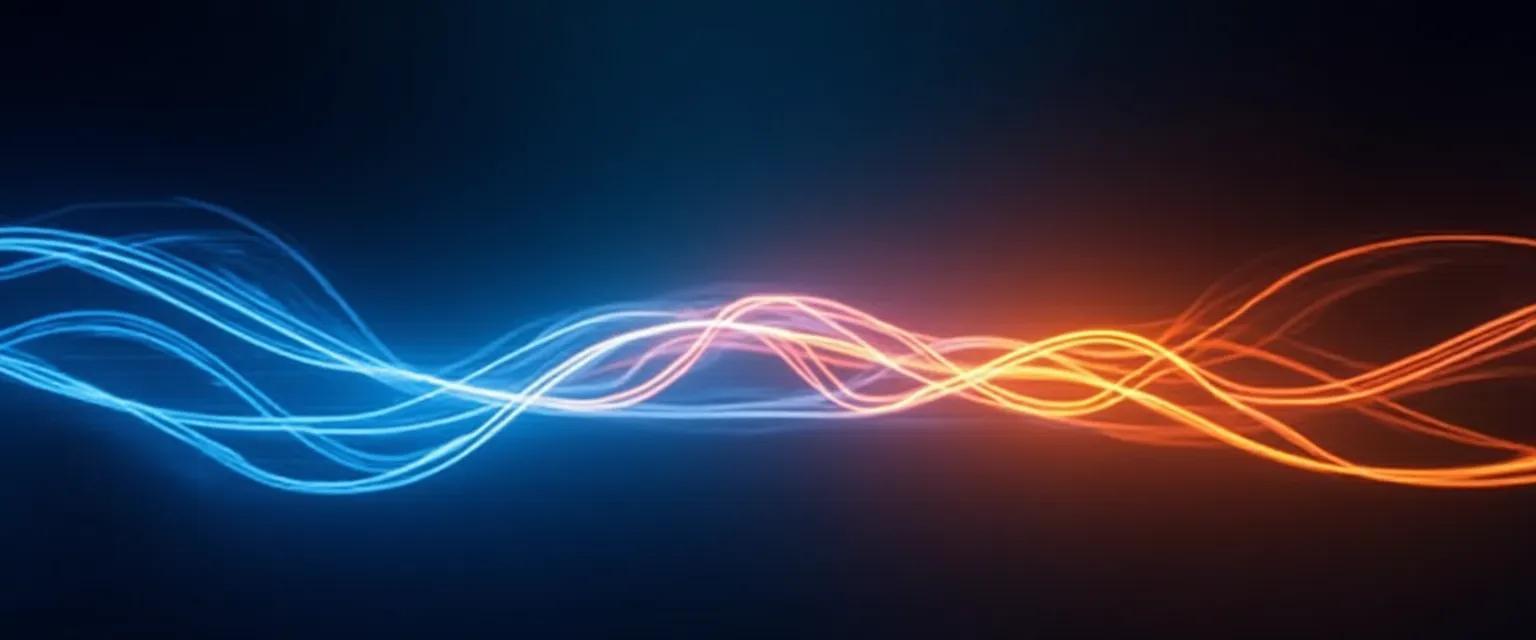 Abstract photograph featuring blurred ribbons of blue and orange light swirling against a dark gradient backdrop, suggesting motion and energy.