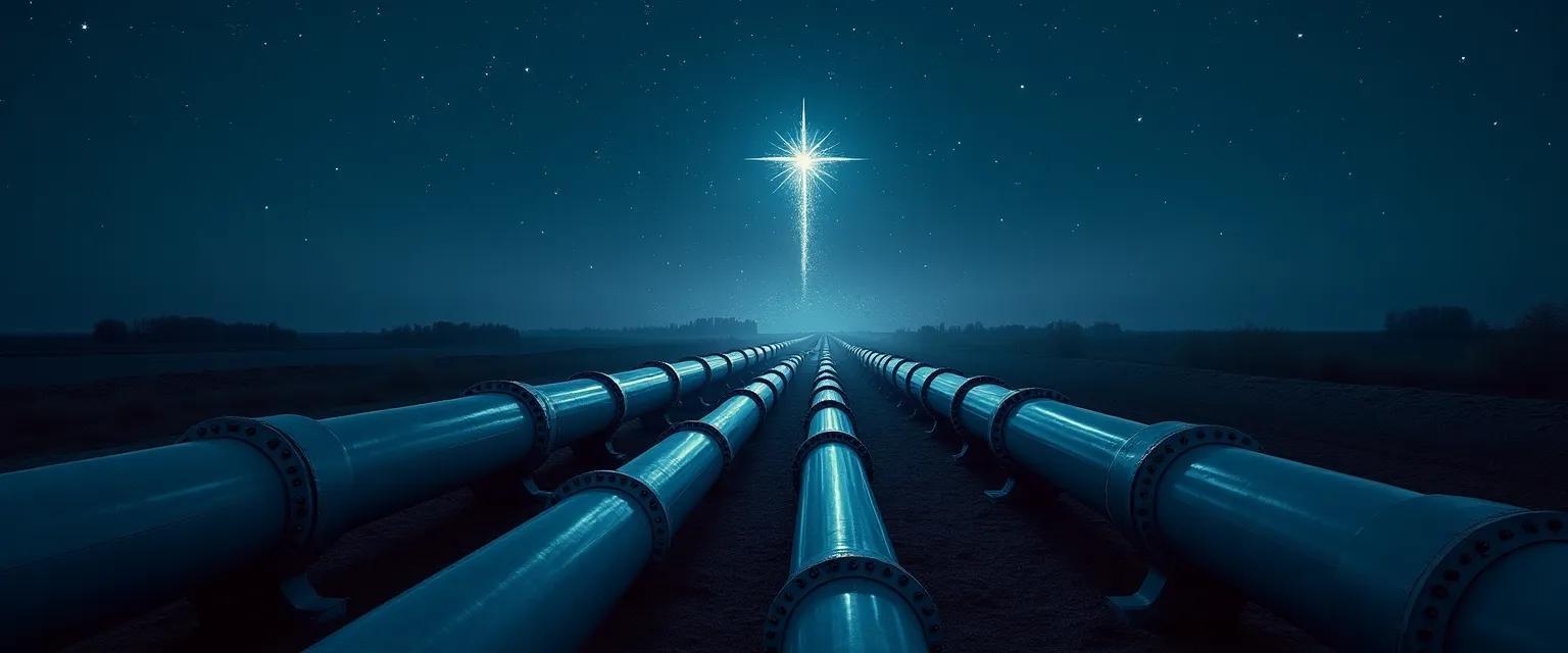 A complex network of pipelines and glowing energy symbols against a dark blue backdrop suggests an energy infrastructure.