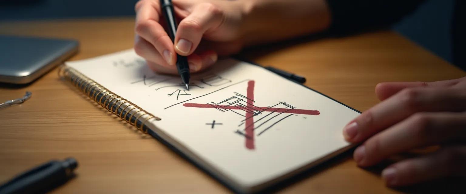 A hand marks an "X" on a flawed design sketch in a notepad.