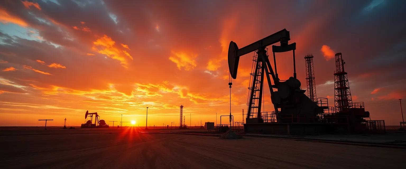 A staged photograph depicting an oil drilling site against a dramatic sunset, focusing on the textures and colors of the industrial landscape.