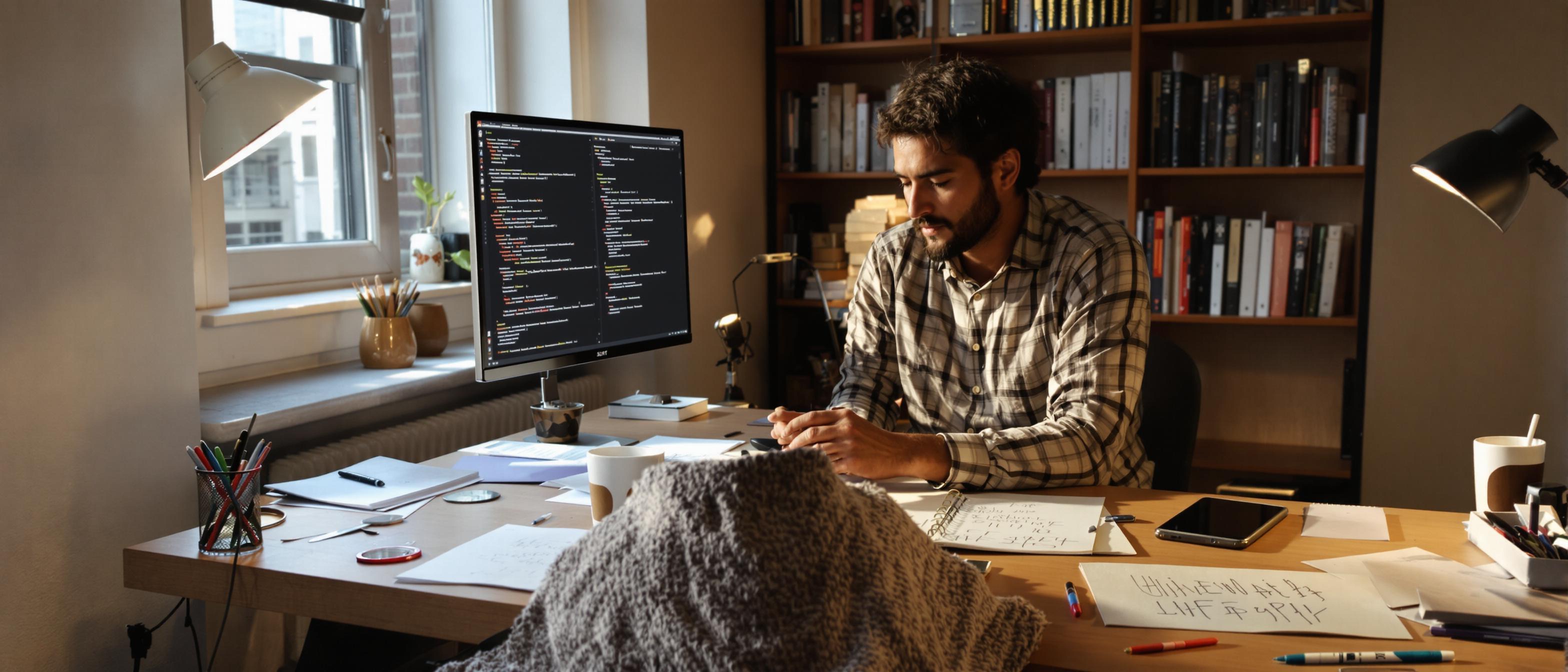 A person deeply engrossed in thought at a desk cluttered with work materials in a brightly lit room, suggesting creative brainstorming.