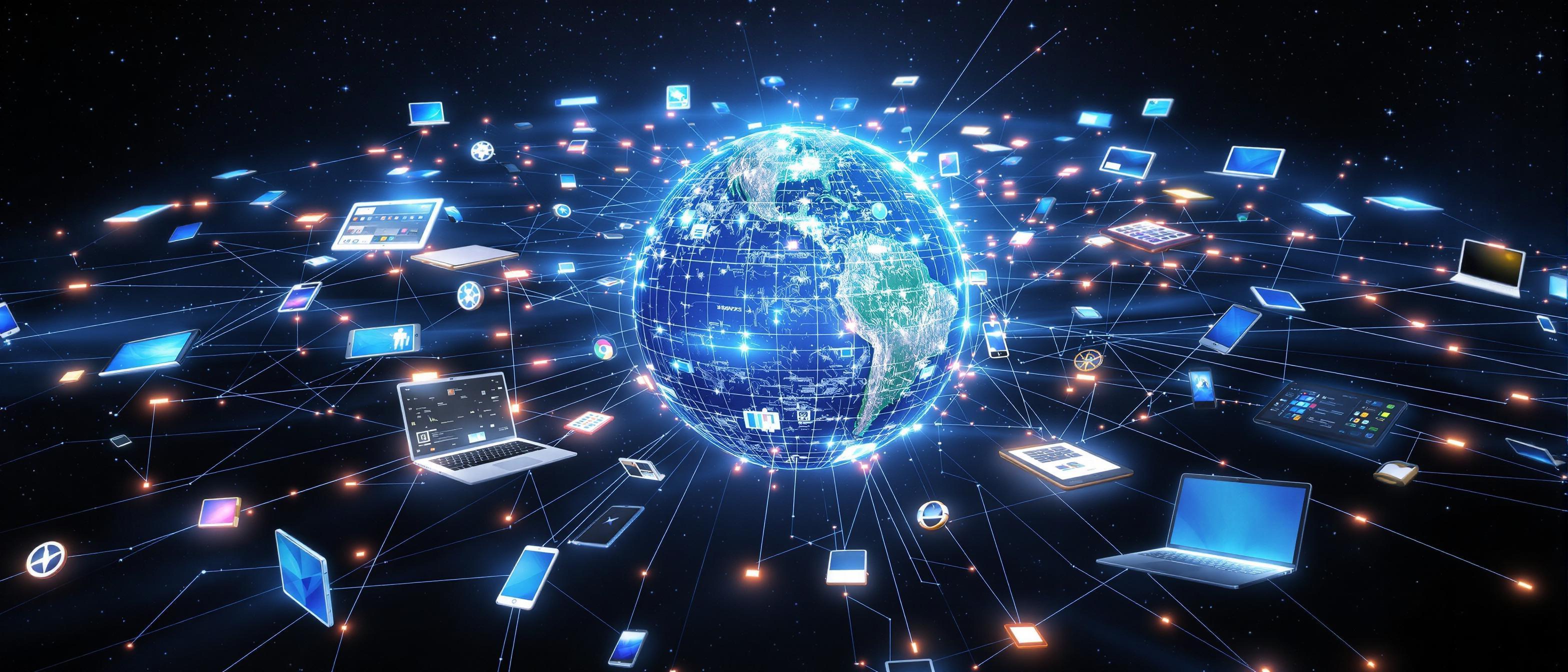 A network of interconnected devices and glowing data streams converge on a stylized representation of global connectivity.
