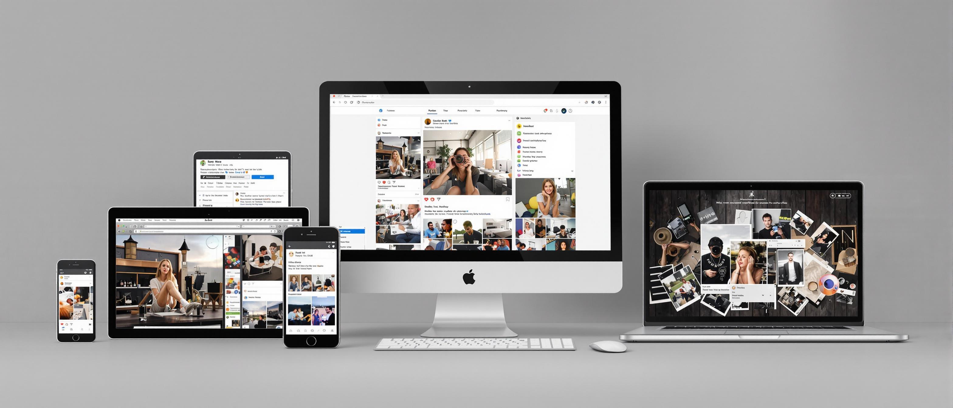 A photographer's consistent brand is showcased through simulated social media profiles on various devices.