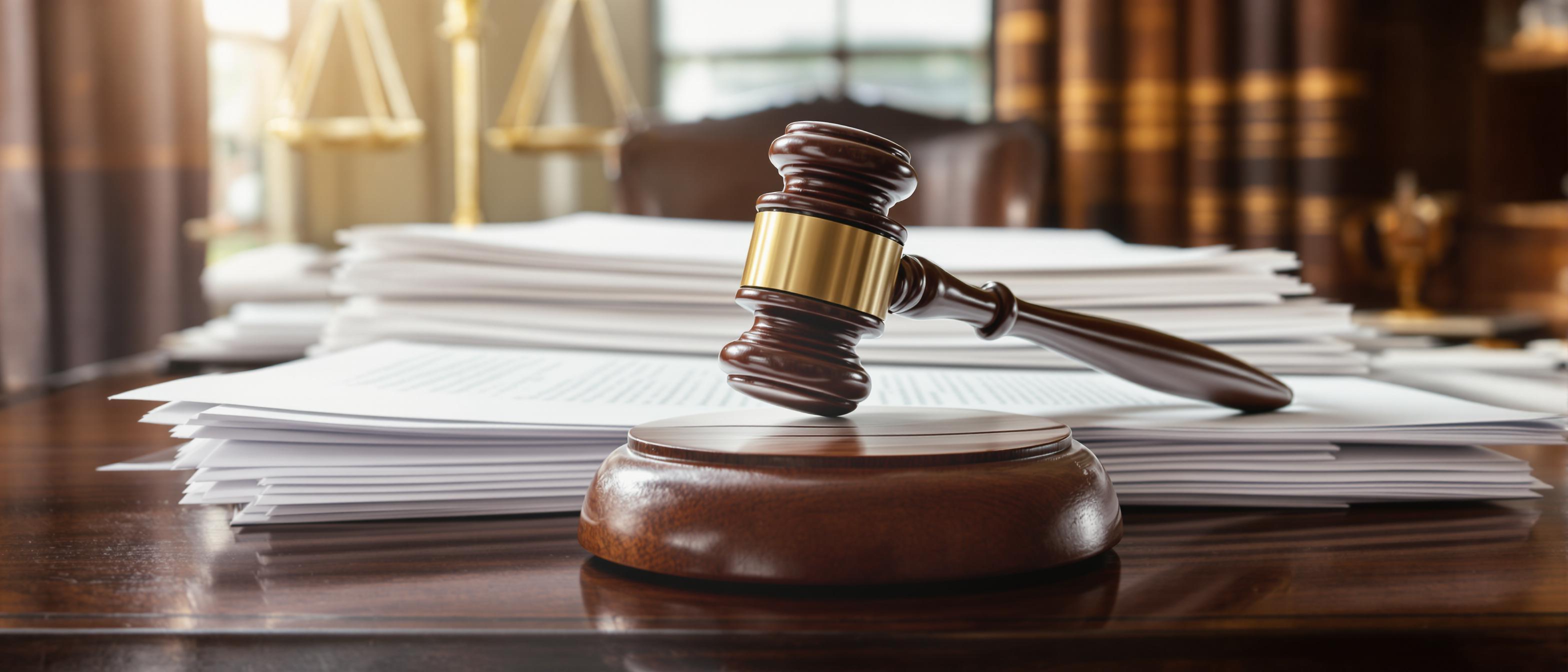 A gavel rests atop a stack of legal documents, emphasizing themes of justice and legal proceedings.