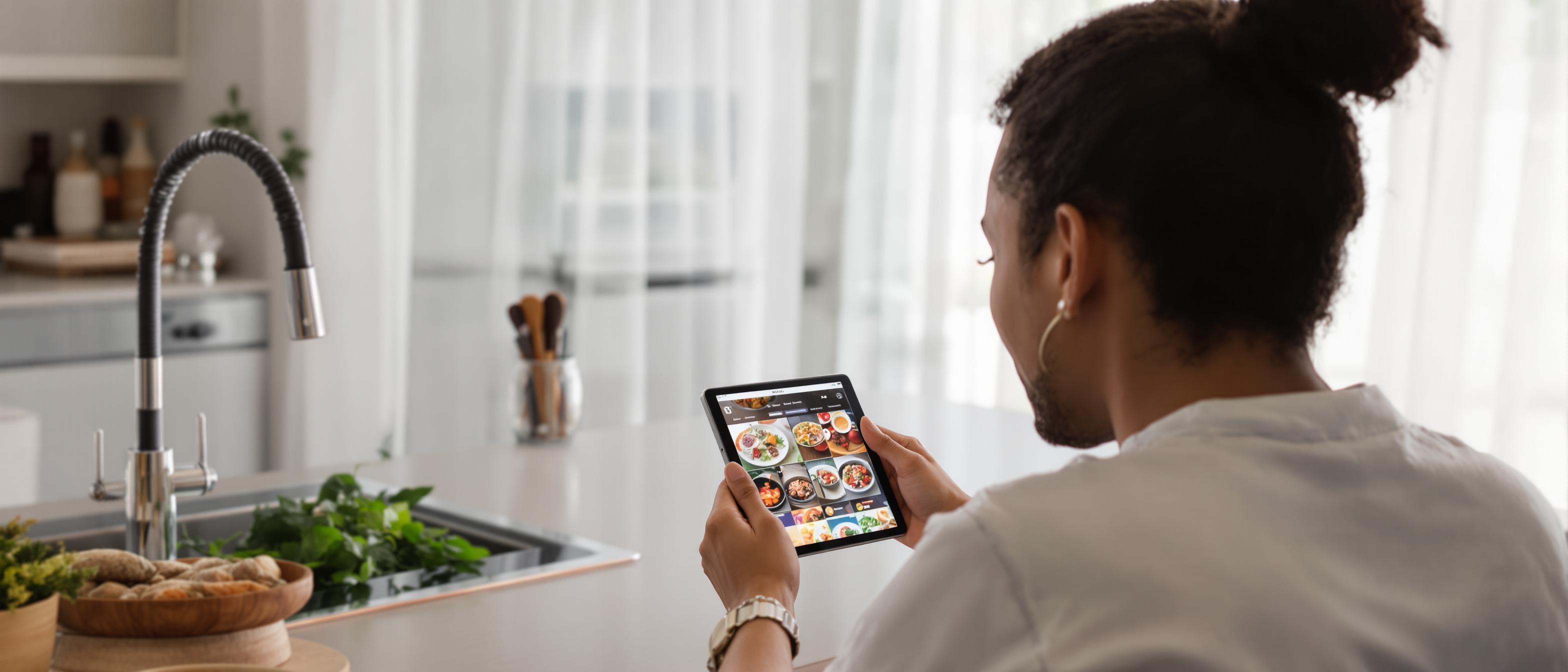 A person is viewing enticing images of food on a tablet, looking pleased and ready to dine.