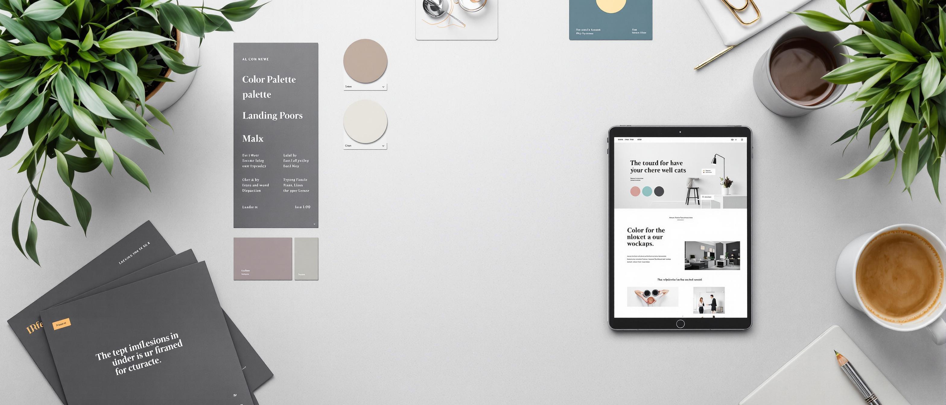 A minimalist presentation of design elements including color swatches, font examples, and a website mock-up demonstrating a unified design theme.
