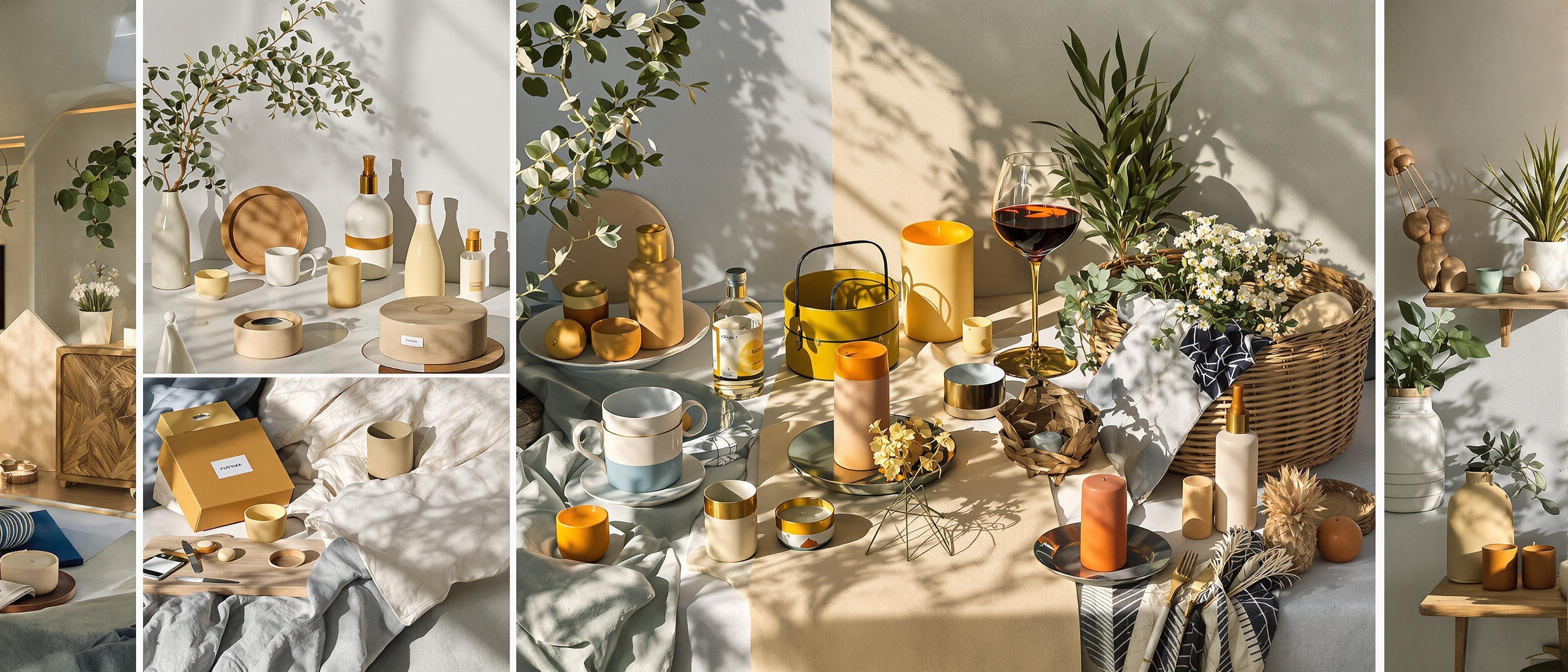 A series of lifestyle and product photographs styled with a consistent color palette and aesthetic for use on social media.
