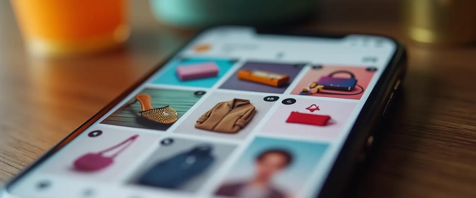 A close-up captures a smartphone screen displaying an Instagram feed filled with various product showcases.