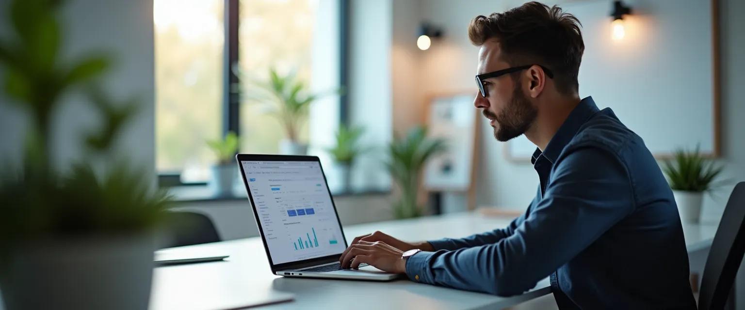 A person working on a laptop in a bright, modern office setting, focusing on e-commerce sales channel management.