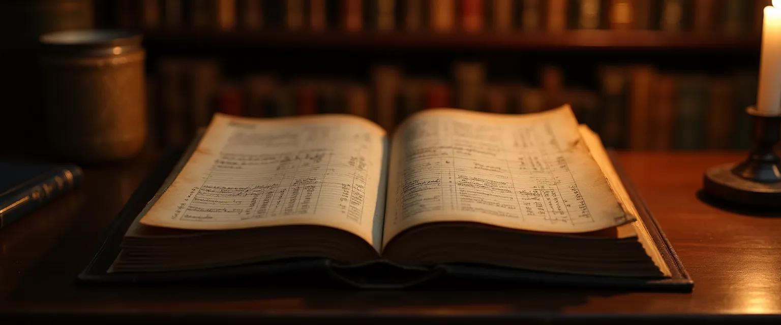 A close-up shot of a ledger book illuminated by candlelight, showcasing handwritten financial records.
