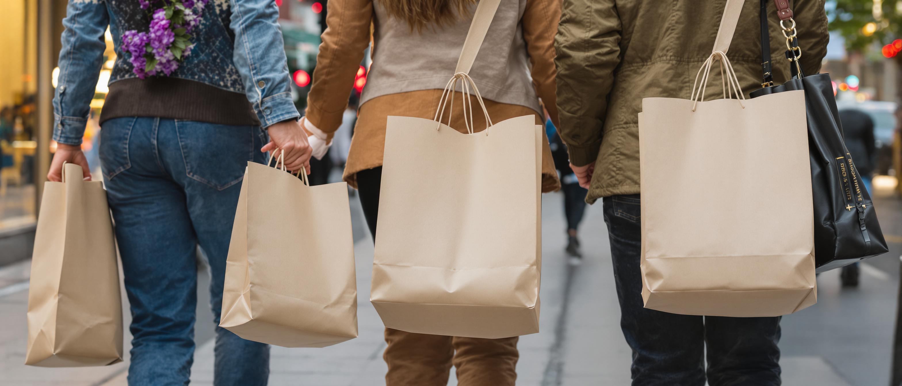 Three individuals walking in a bustling city street, each carrying an identical, unmarked shopping bag.