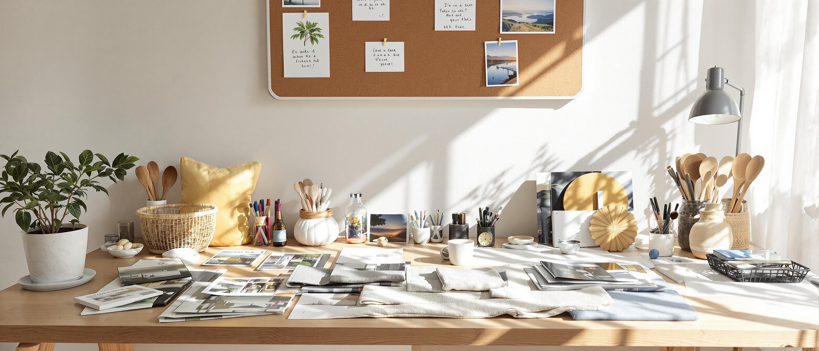 A bright, sunlit designer's workspace filled with inspirational materials like color palettes and sample photography, embodying a creative and organized atmosphere.