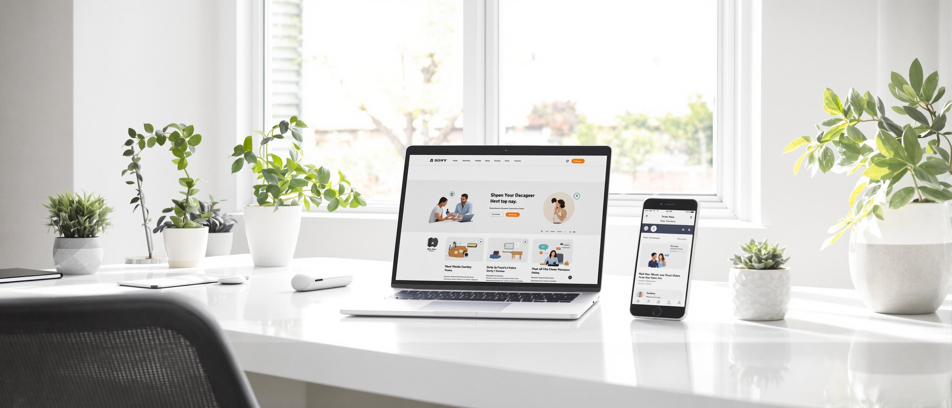 A selection of modern devices displaying a cohesive user interface and color palette, set in a brightly lit contemporary workspace.