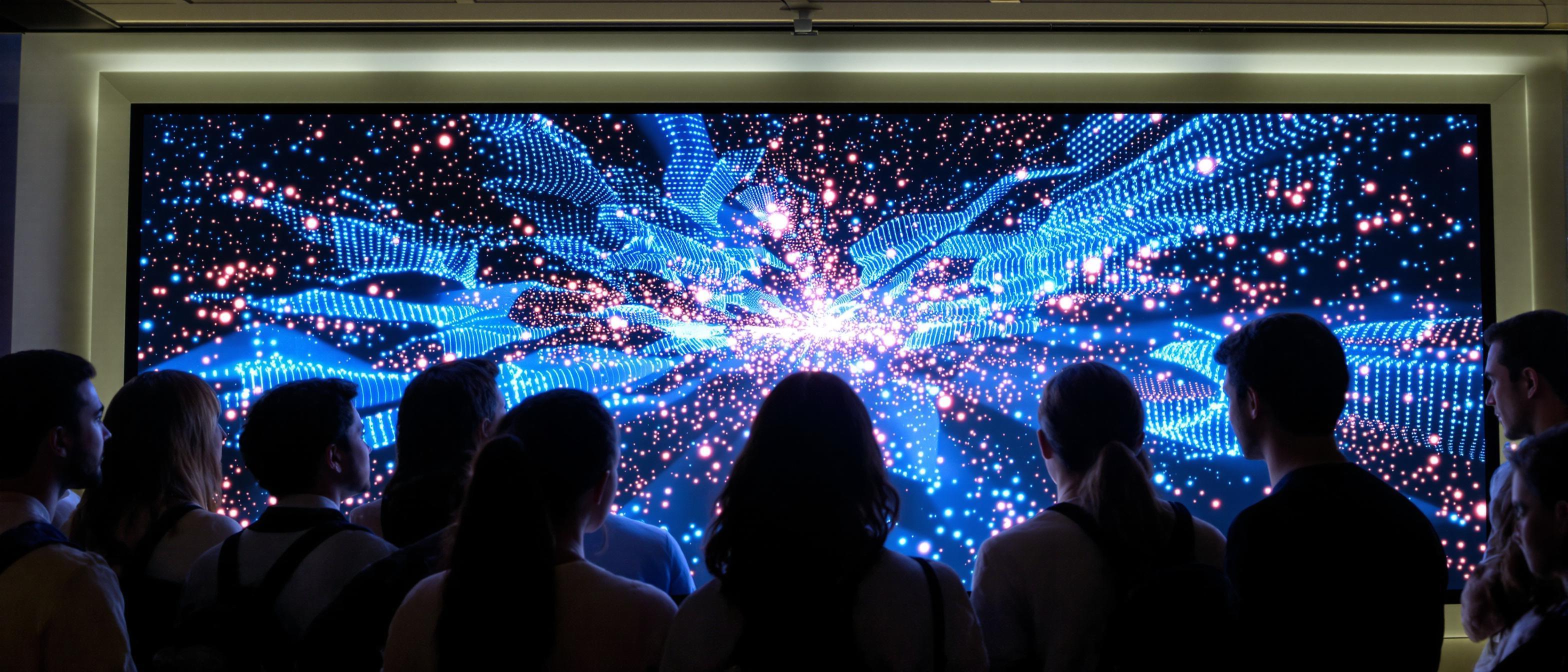 A group of diverse people are engrossed in watching a large screen displaying dynamic, abstract visuals, set against a backdrop hinting at data analysis.