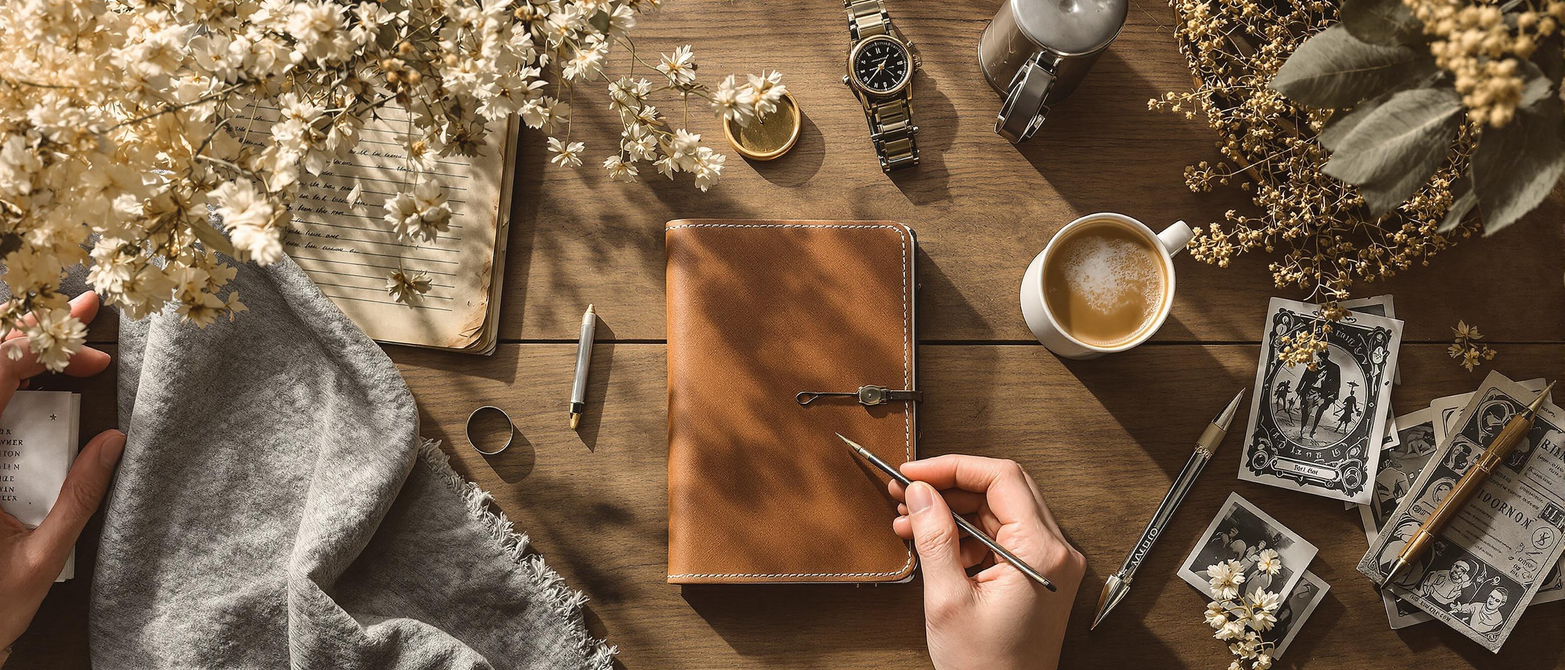 A person arranging props for a flat-lay photograph, focusing on visual storytelling and content curation.