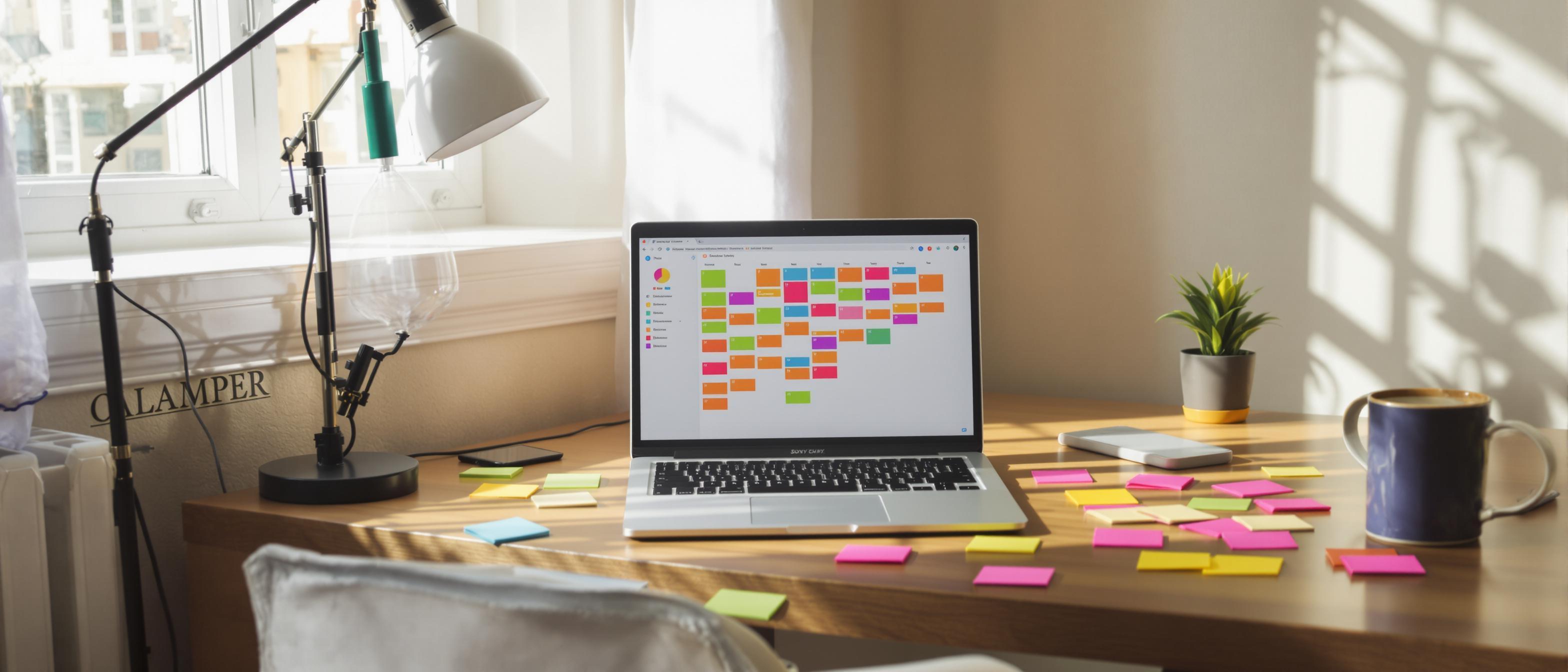 A tidy desk features a laptop showing a calendar alongside several scattered sticky notes.