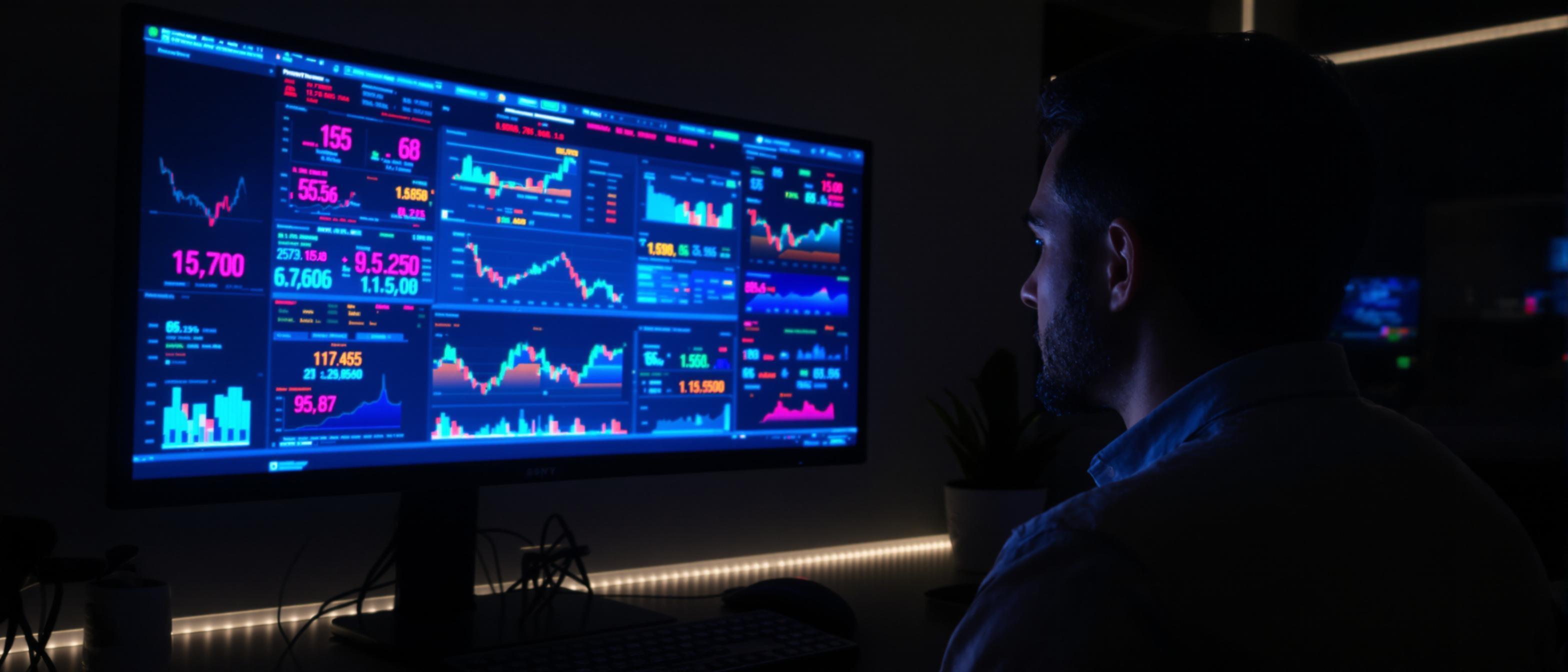 A person intently observes data visualizations displayed on a modern monitor in a dimly lit office environment.