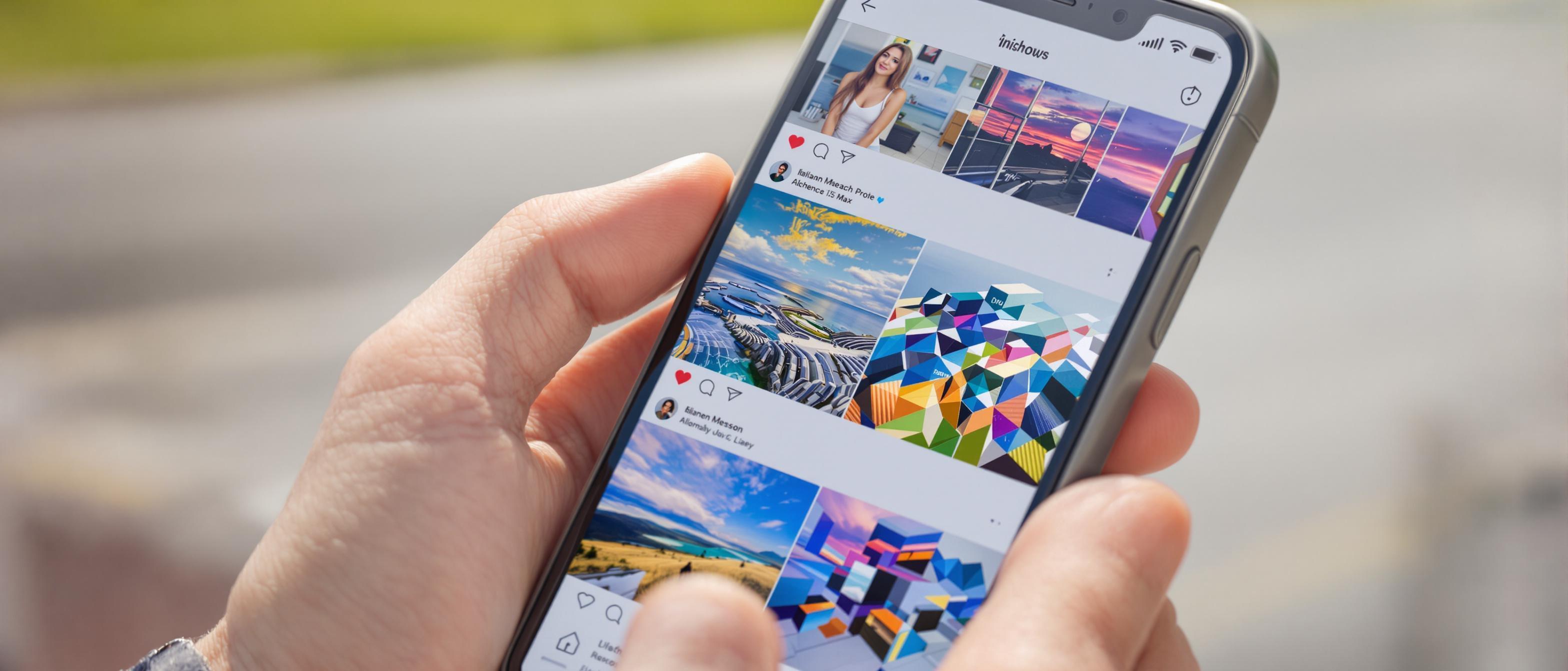 A hand holding a smartphone displays various vibrant social media posts featuring diverse content.