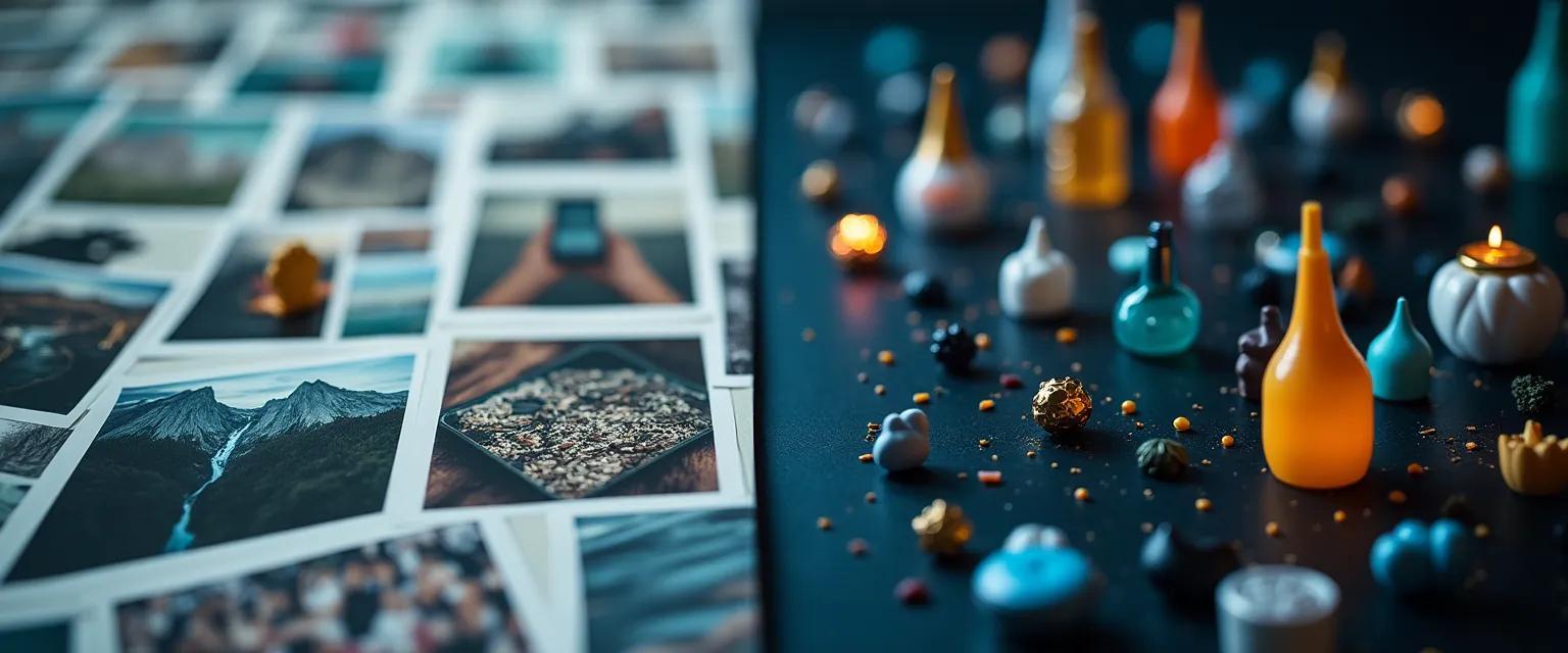 A split view contrasts a chaotic collection of out-of-focus images with a neat grid of professionally photographed items.