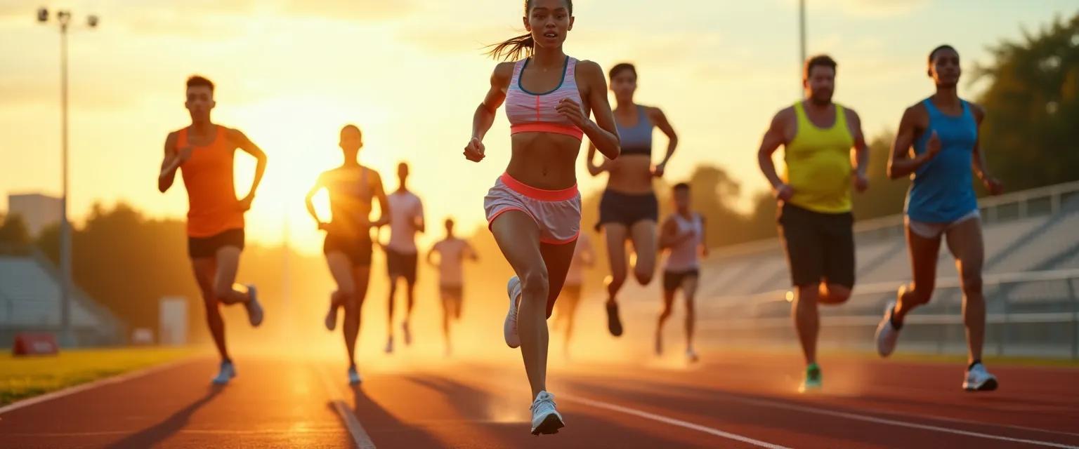 Athletes in sportswear dynamically moving, showcasing fabric texture and athletic activity.