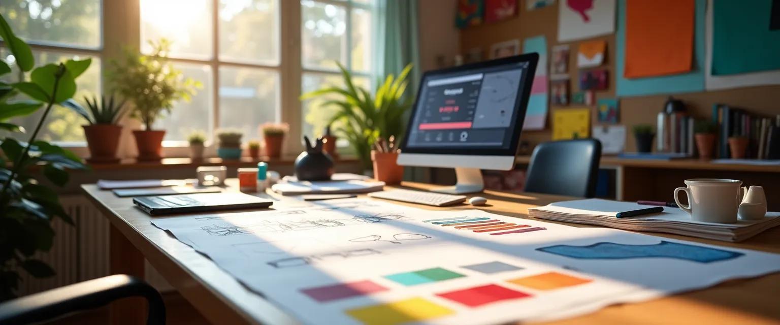 A designer's desk filled with creative tools and sketches for sportswear design.