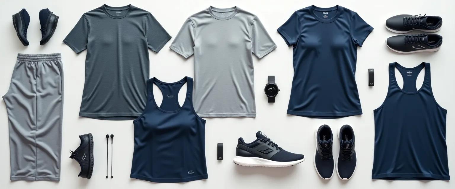 A curated collection of modern sportswear apparel and accessories is displayed in a minimalist studio, highlighting the latest trends in athletic fashion through color, texture, and form.