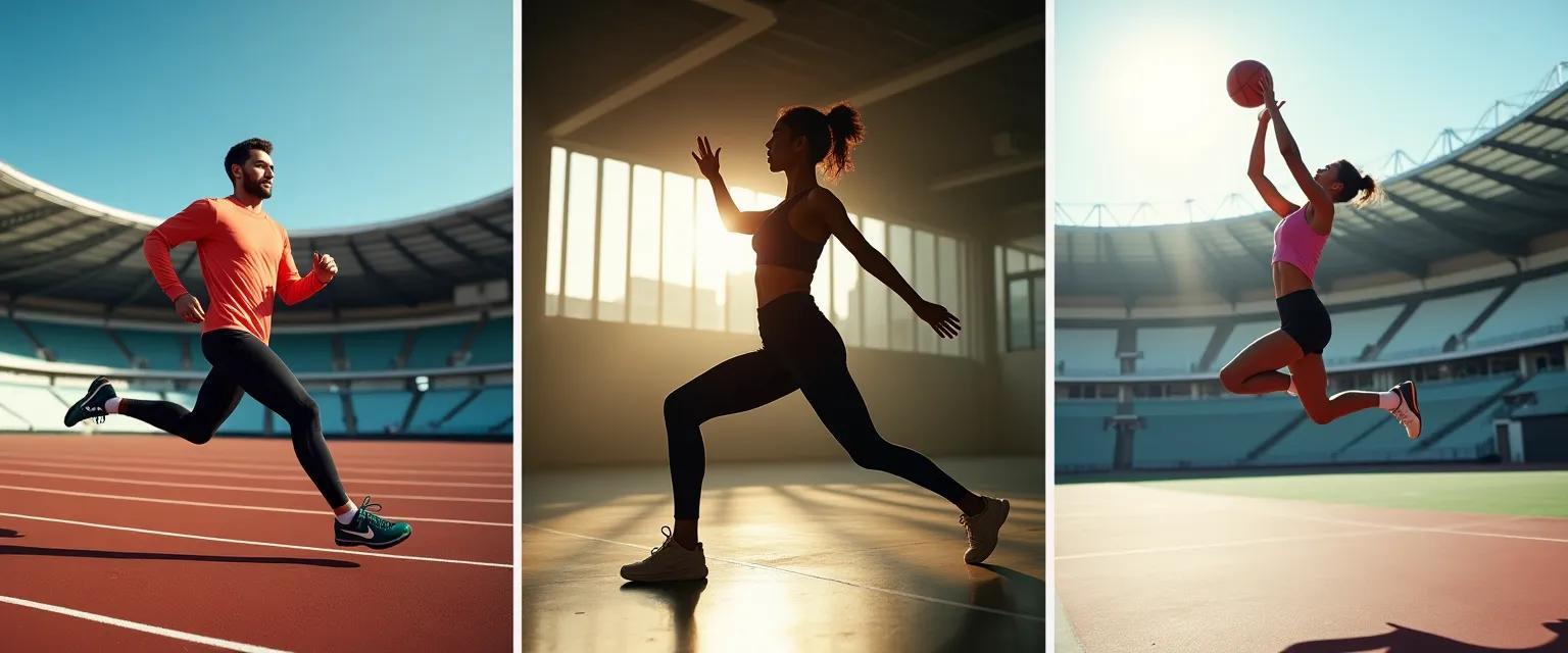 Athletes in motion wearing sportswear are captured in dynamic action shots across running, yoga, and basketball.