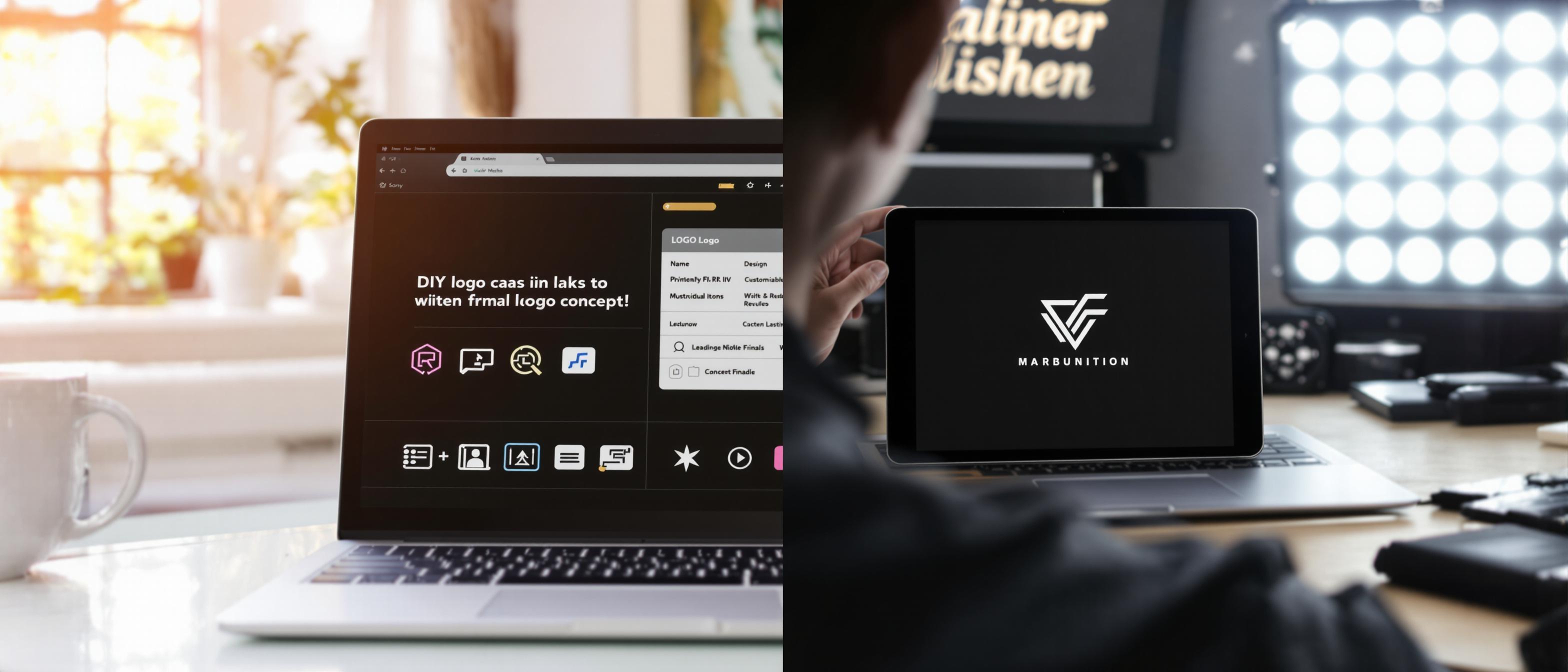 A split-screen captures the contrast between DIY and professionally designed logos, showcasing a laptop with a logo maker and a tablet displaying a designer's concept.