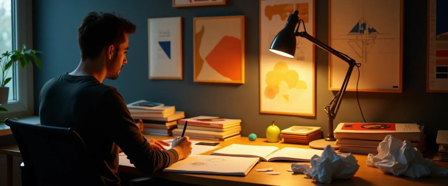 A person immersed in a creative brainstorming session, surrounded by sketches and ideas.