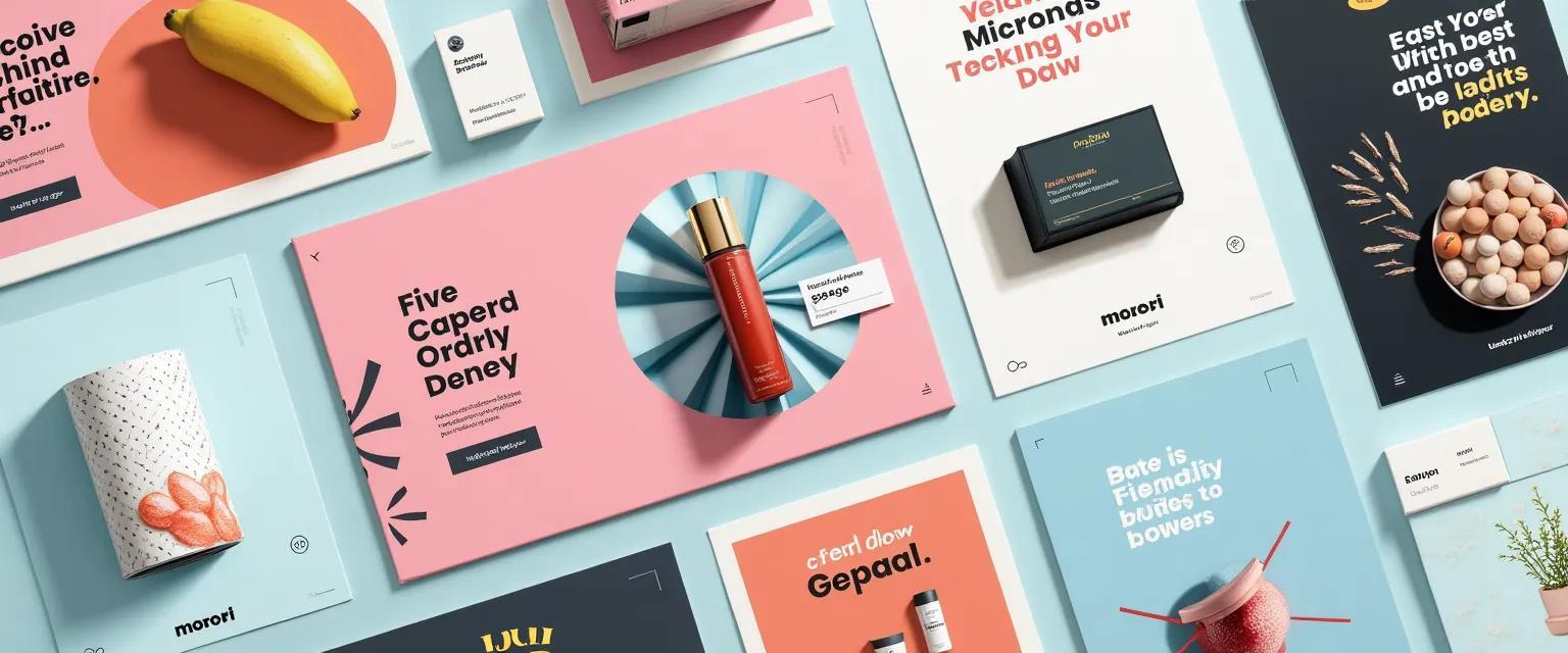 A collection of diverse marketing materials displaying a consistent brand aesthetic through color palettes and design elements across different mediums.