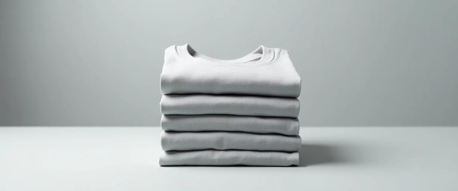 Neatly stacked folded t-shirts displaying consistent stitch patterns.