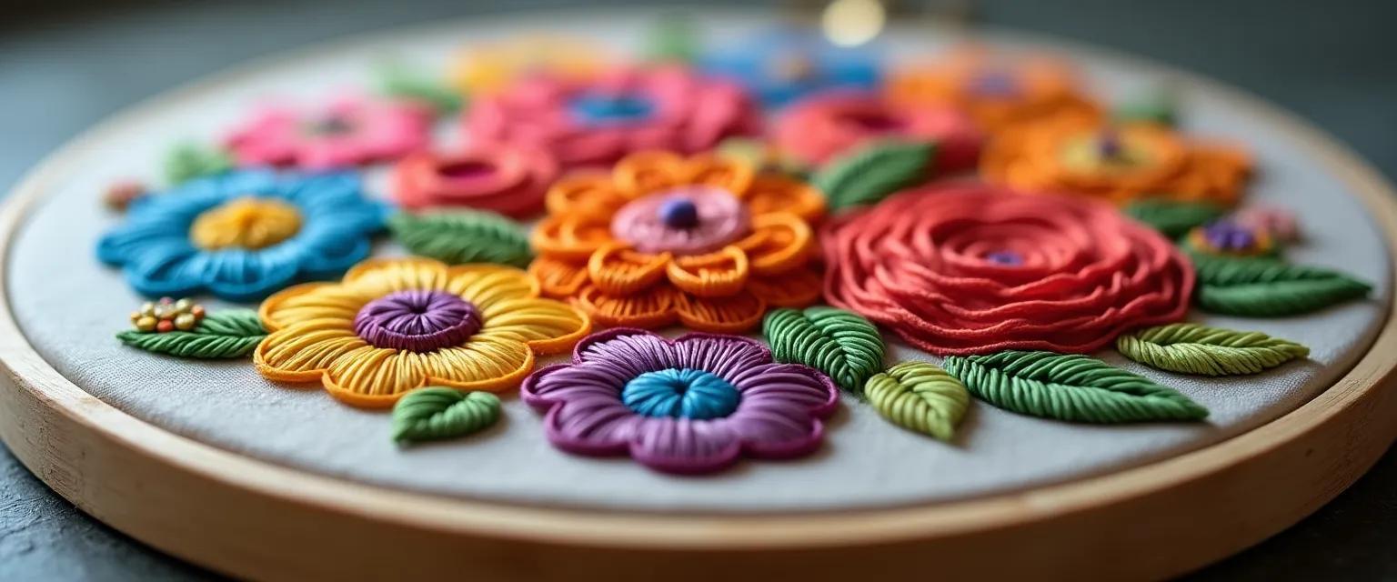 A detailed close-up of an embroidery hoop displaying intricate stitch work and thread texture.