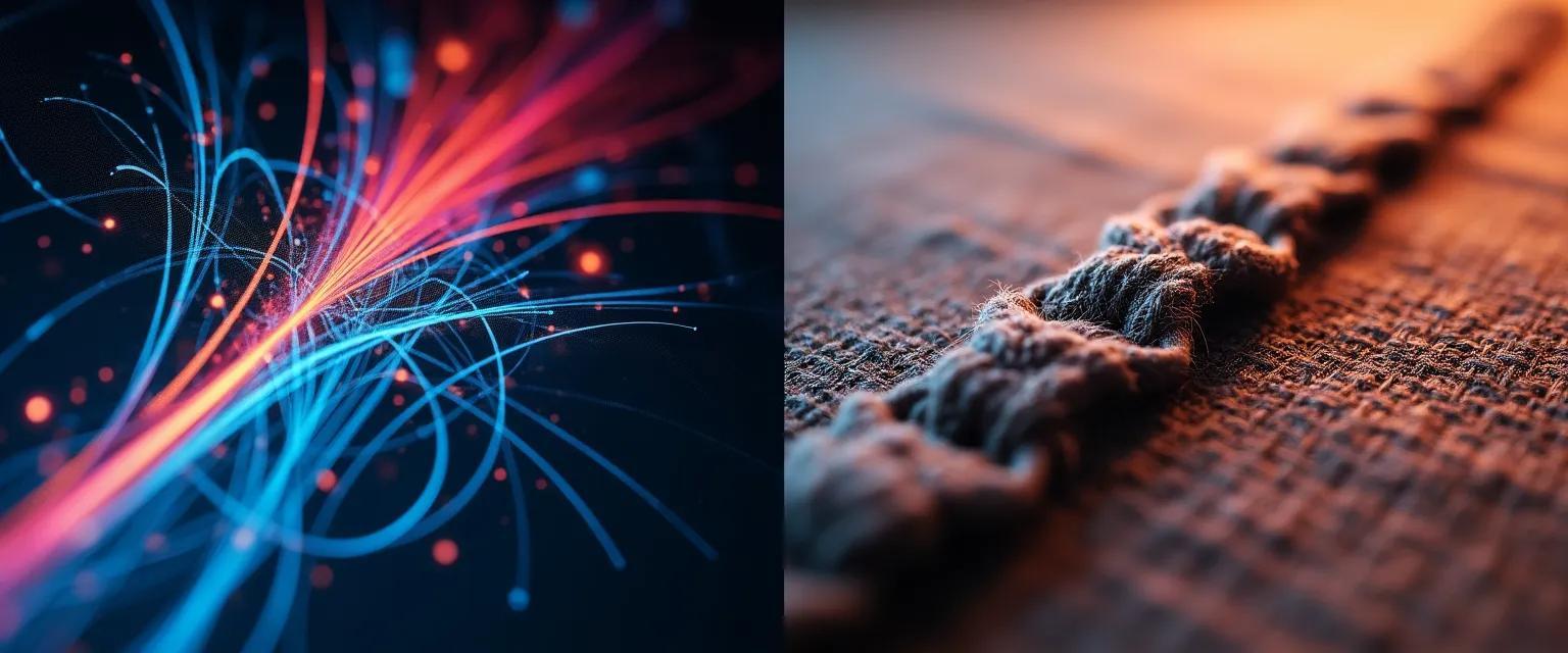 A side-by-side view of a detailed fabric swatch with intricate stitching next to a high-resolution computer screen displaying a complex vector graphic.