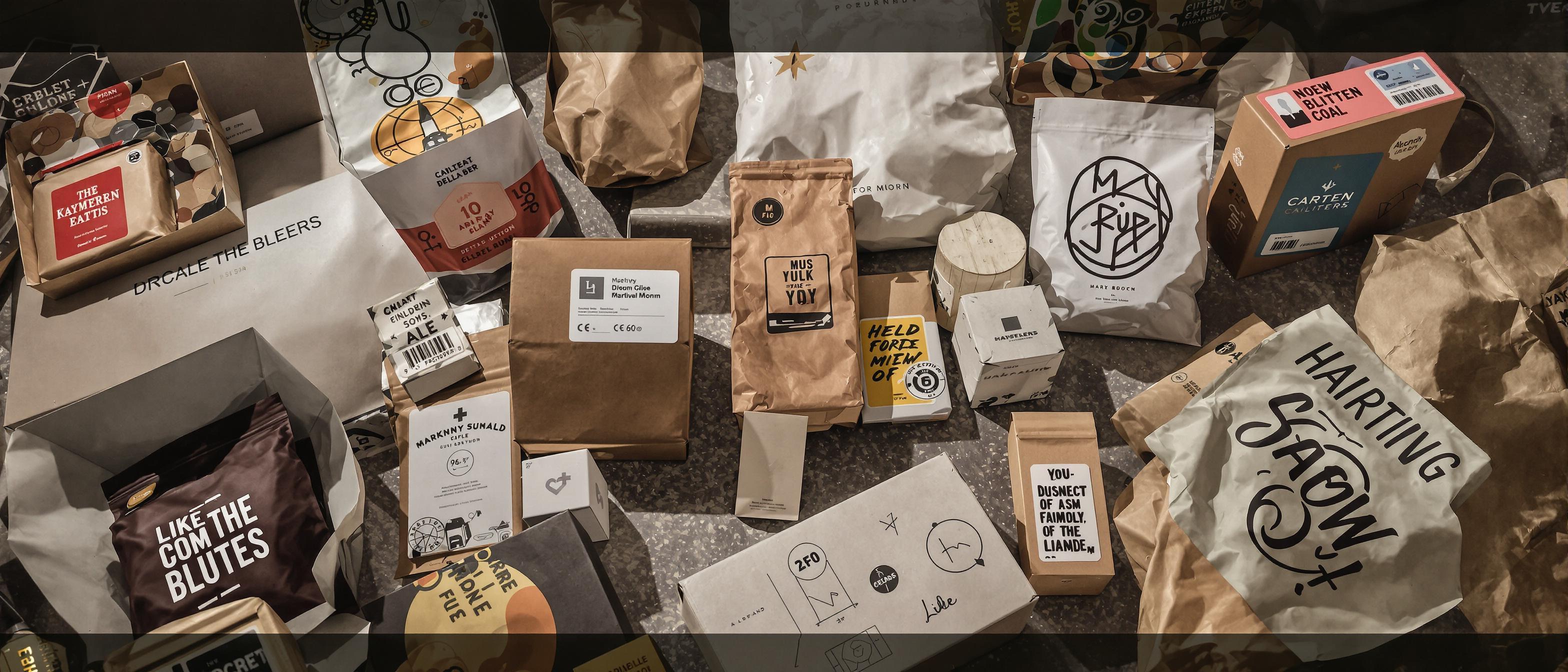 A close-up photograph showcases a diverse assortment of product packaging, highlighting different design styles and visual appeal.