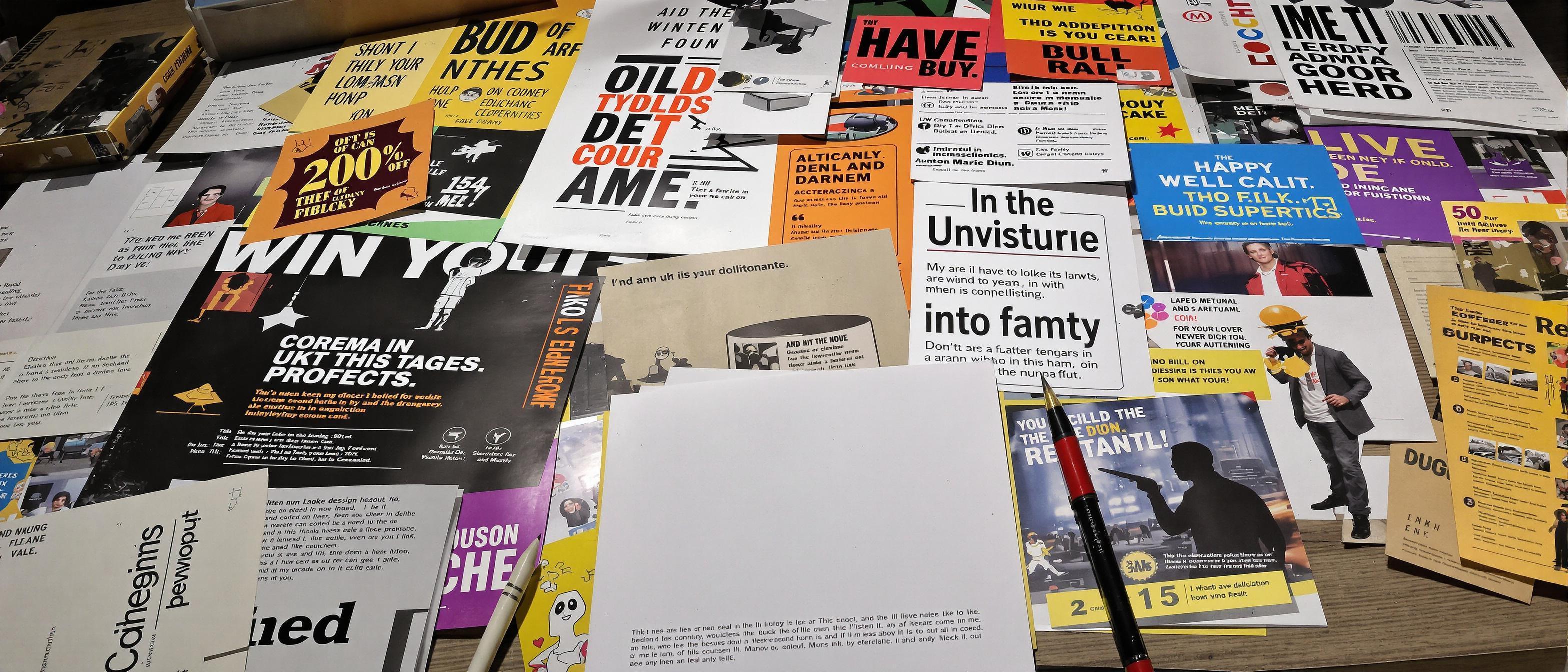 A collection of amateurish designs featuring clashing colors and unclear typography.