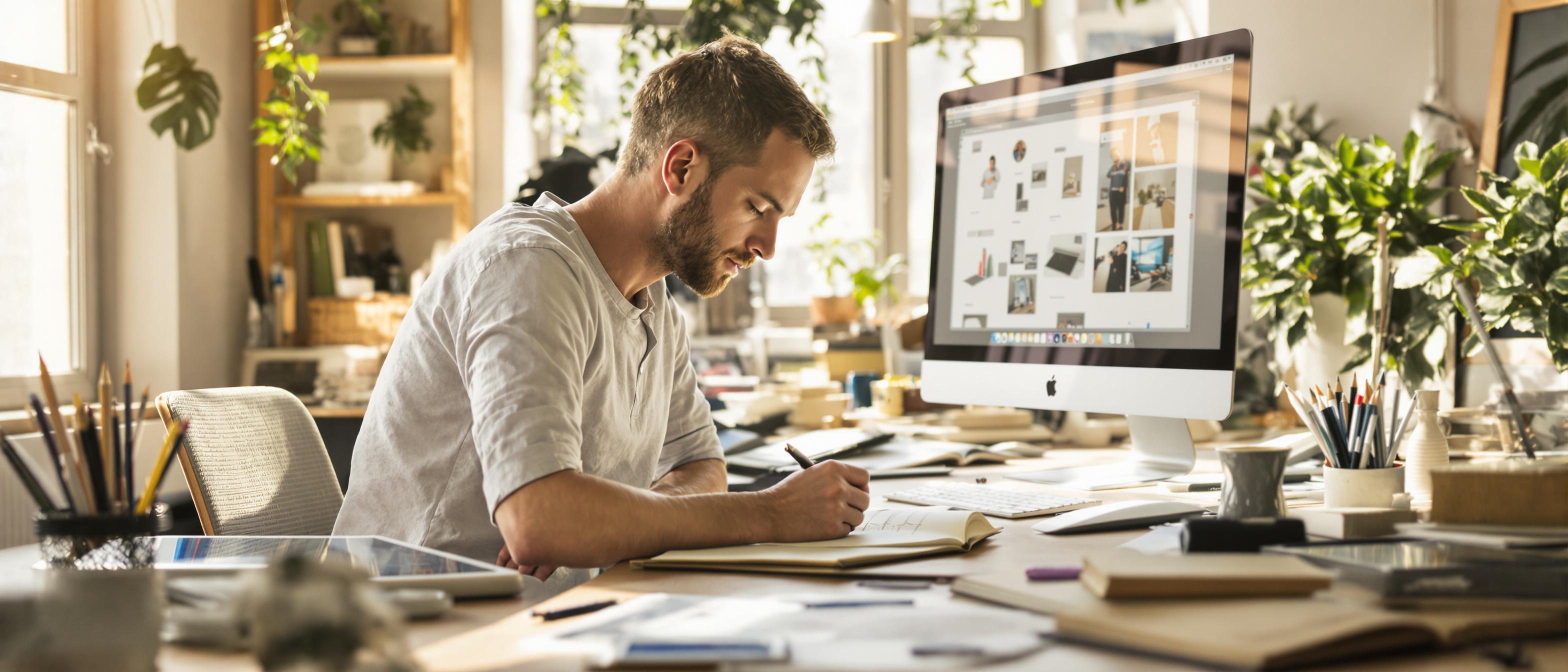 A person engrossed in sketching and digital design work at a desk filled with creative tools.