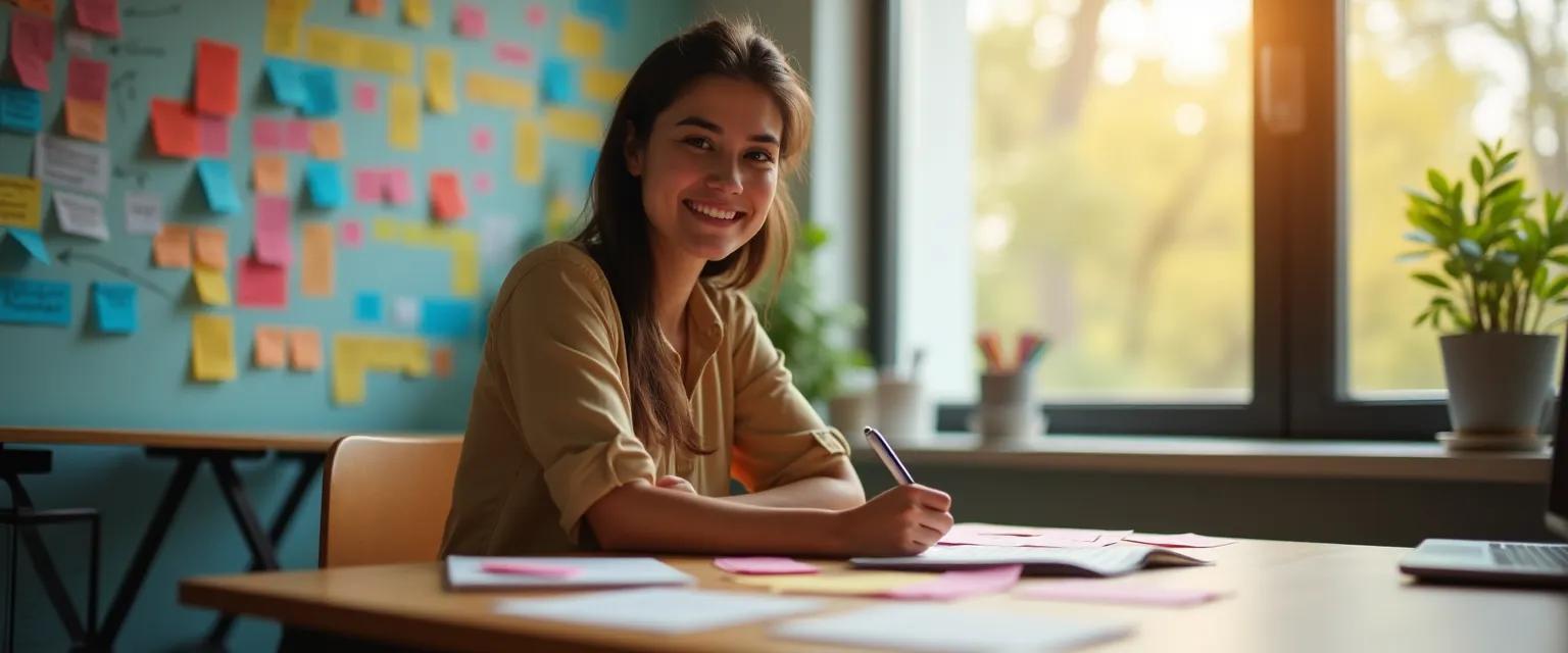 A person smiles while sitting at a desk covered in colorful sticky notes, bathed in soft natural light.