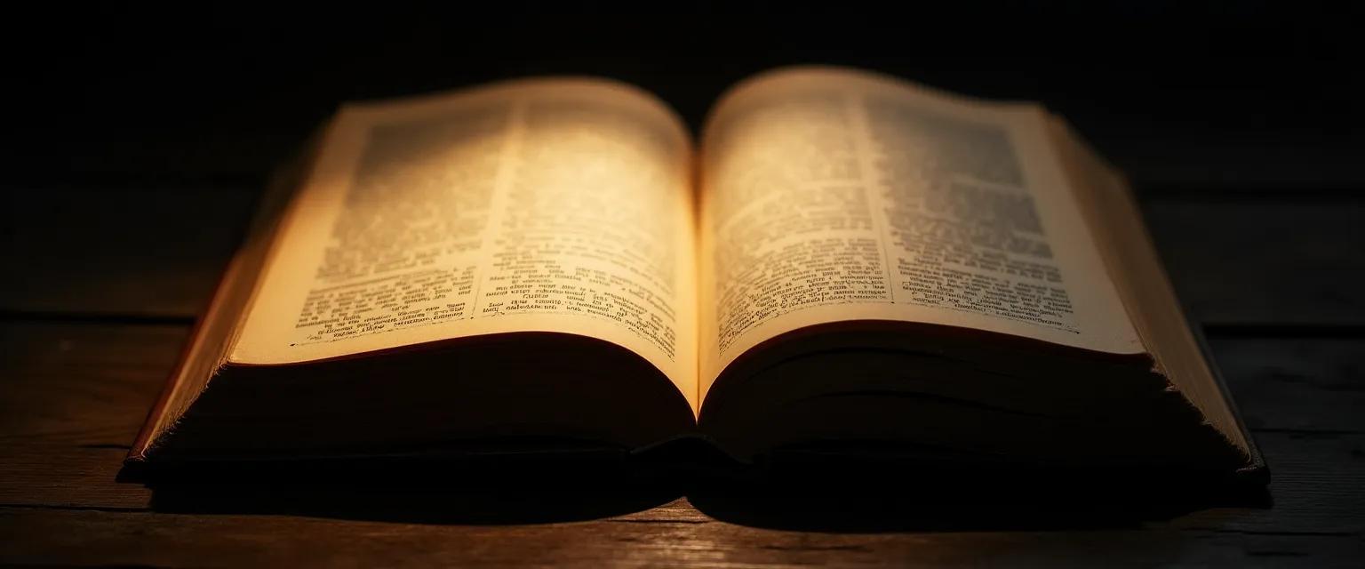 Close-up photograph of a vintage book page with carefully placed light enhancing the texture and detail of the aged paper and printed text.