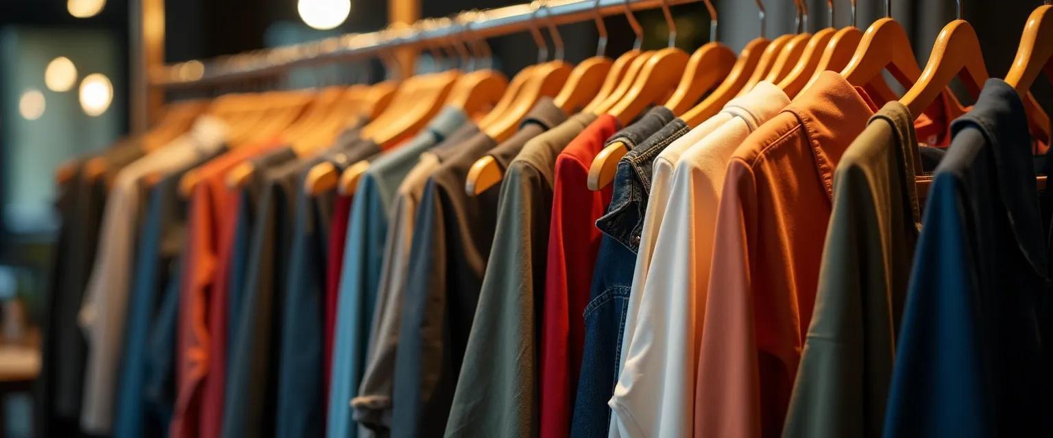 A well-lit clothing rack displaying a variety of fashionable outfits against a blurred background.