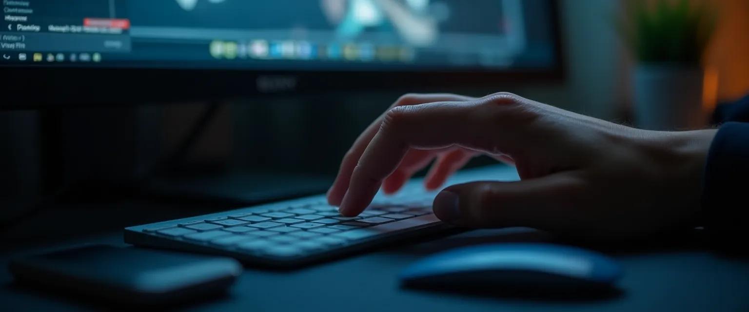 A person's hand hovers over a keyboard, illuminated by the glow of a computer screen, conveying anticipation.
