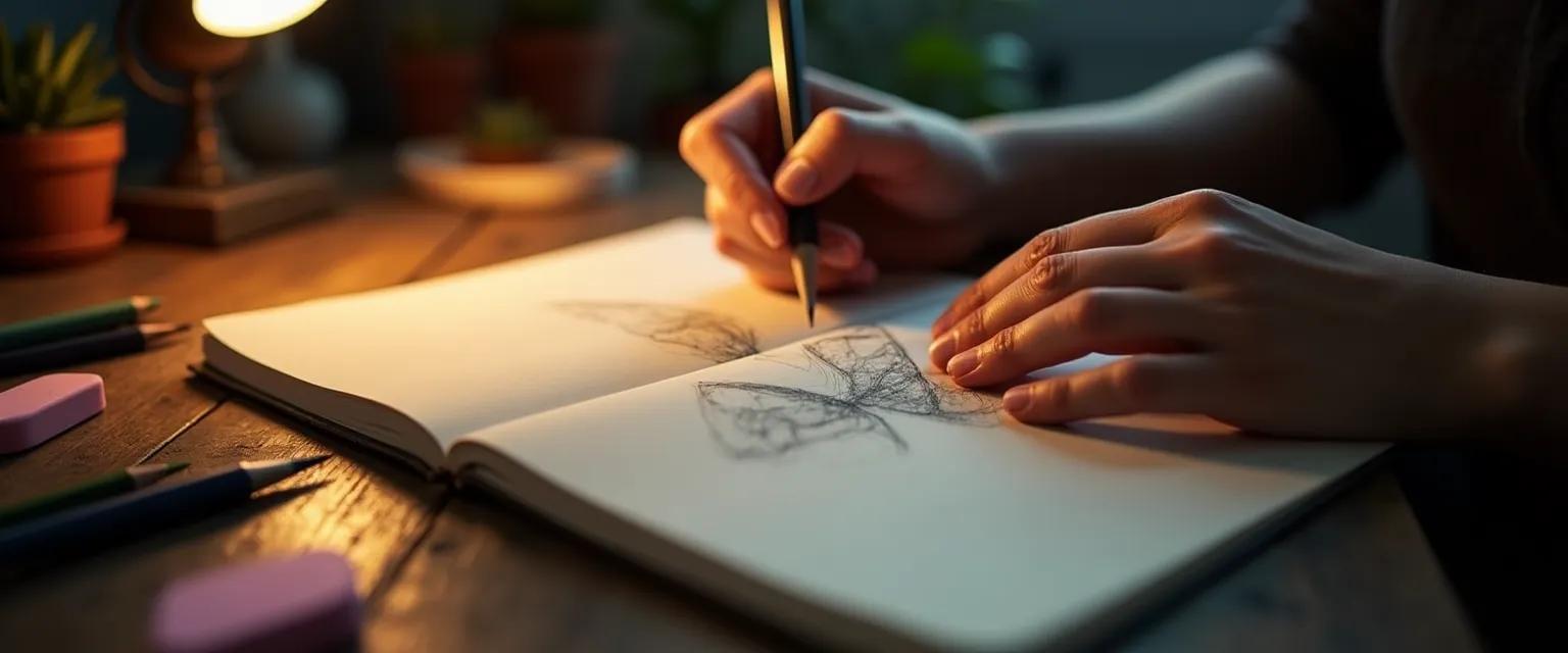 A designer's hands are shown sketching in a notebook on a wooden desk, emphasizing the creative process through focused lighting.