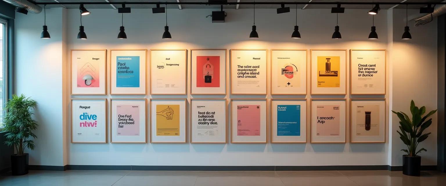 A grid arrangement displaying design variations on a central theme using color, typography, and layout in a professional setting.