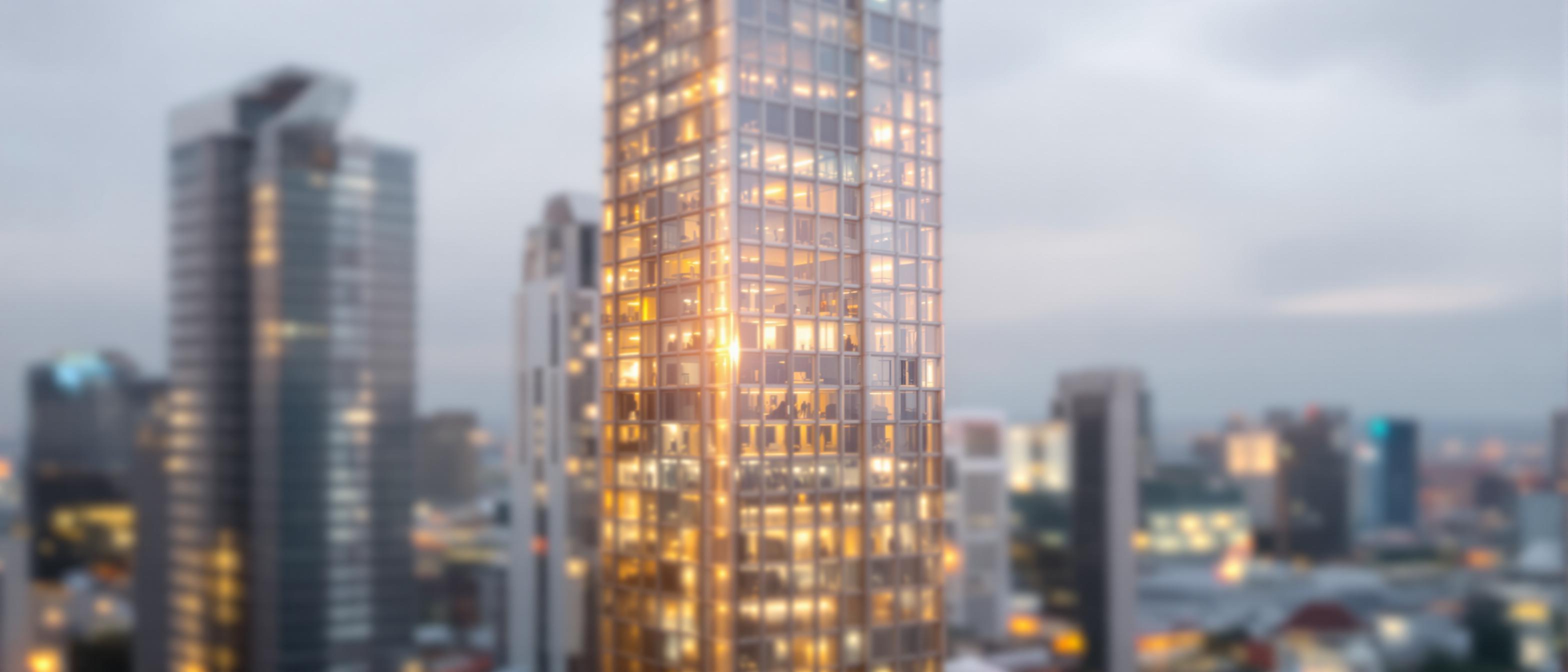 A sharply focused building stands out vibrantly against a blurred cityscape, symbolizing brand clarity.
