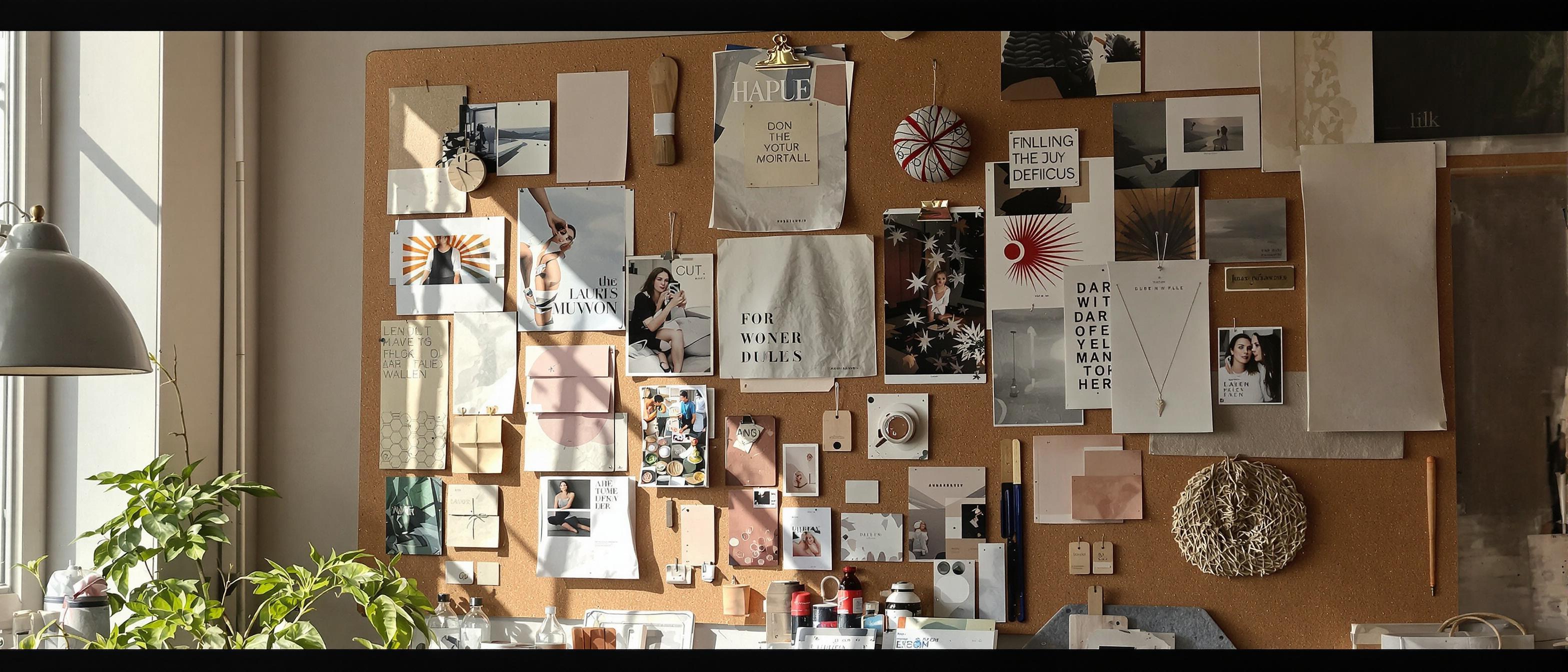 A curated collection of brand-related visual elements artistically arranged on a textured board.