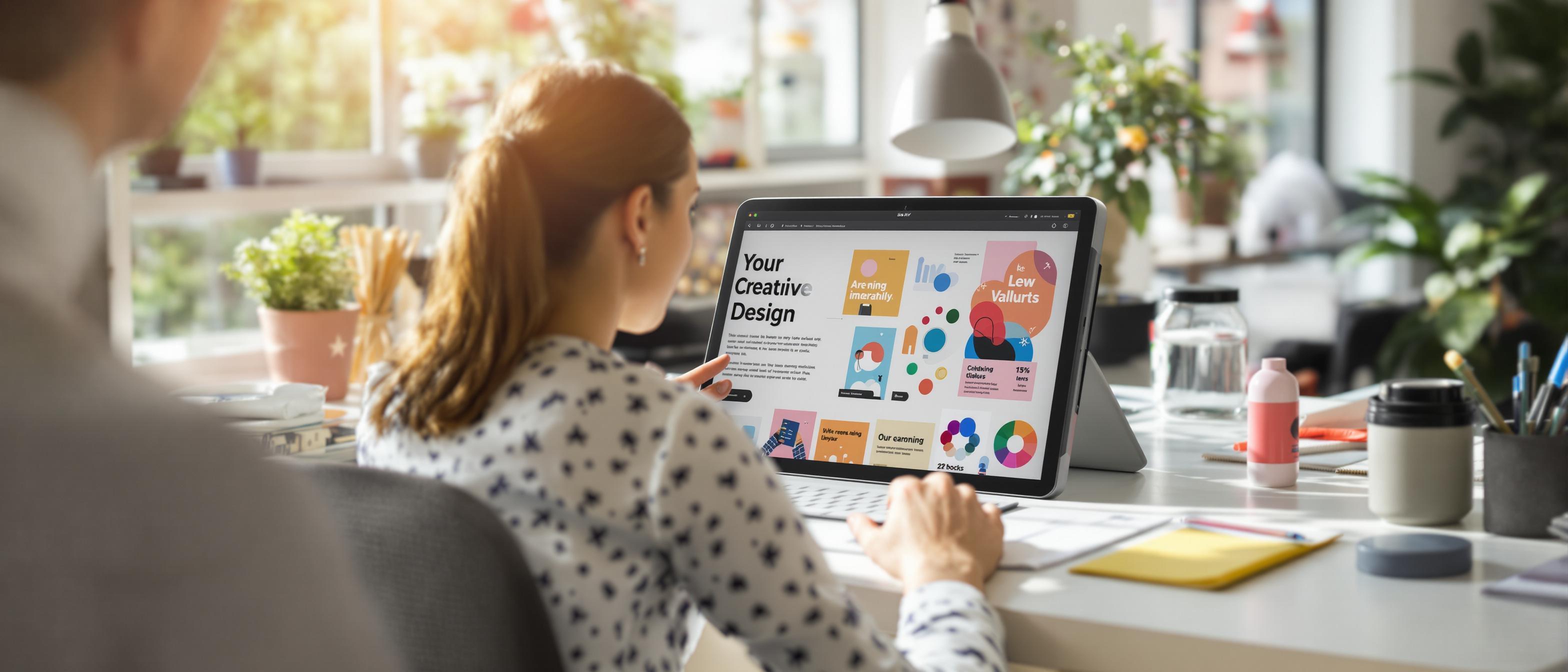 A person works on a digital tablet in a brightly lit, creative studio, focusing on visual content creation.