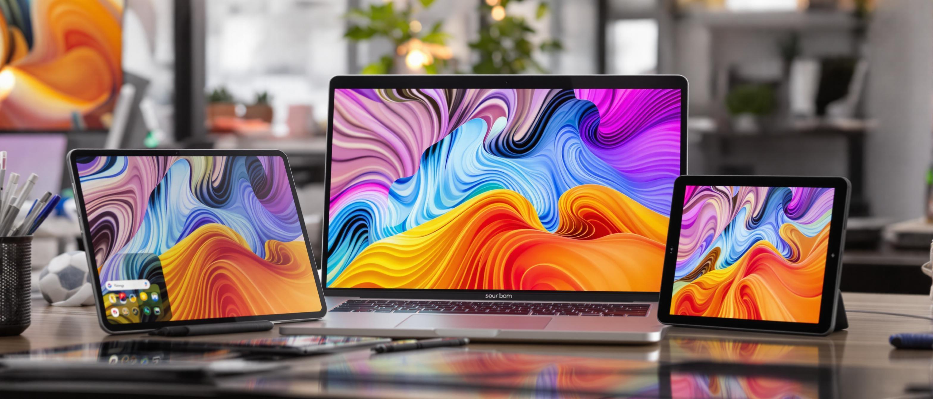 A cohesive brand image is displayed across multiple electronic devices, emphasizing consistent design and vibrant colors.