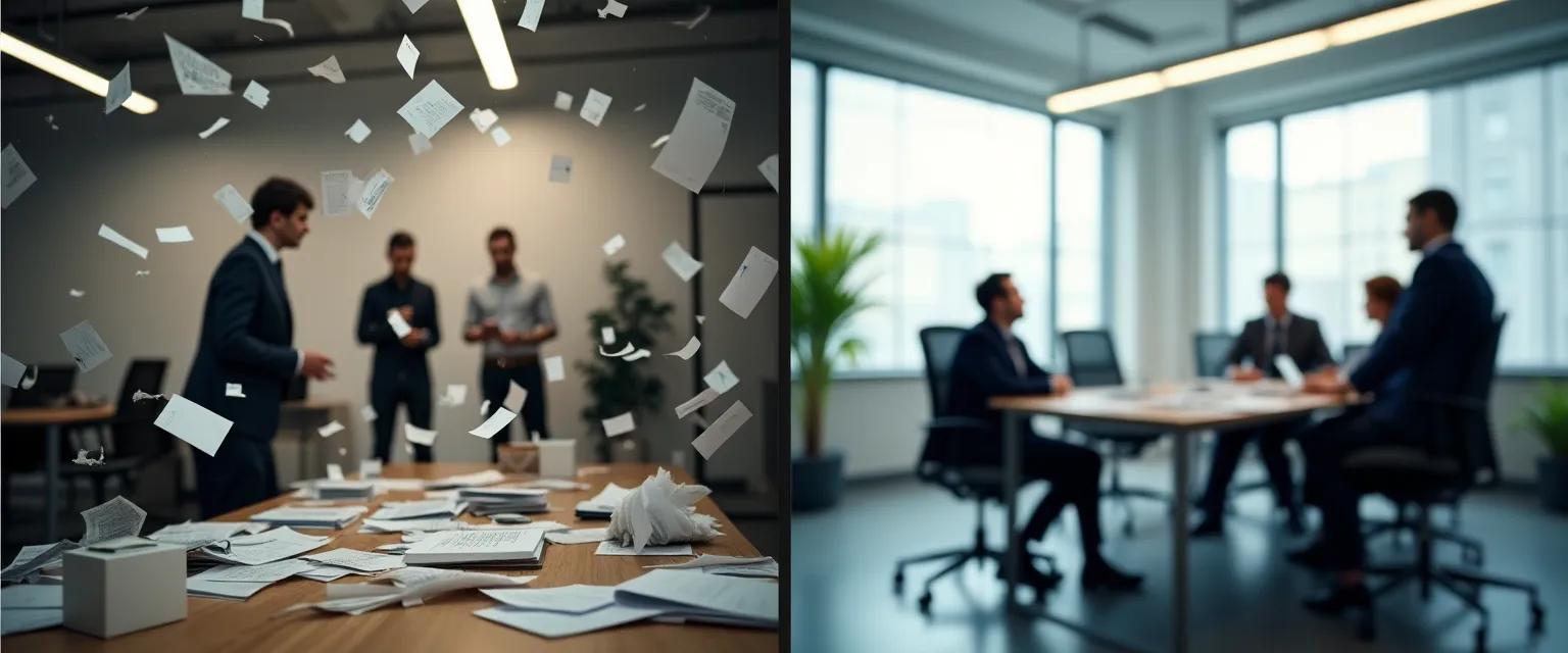 A split-screen visual featuring a blurred and indistinct scene contrasted with a clear and well-organized professional setting.